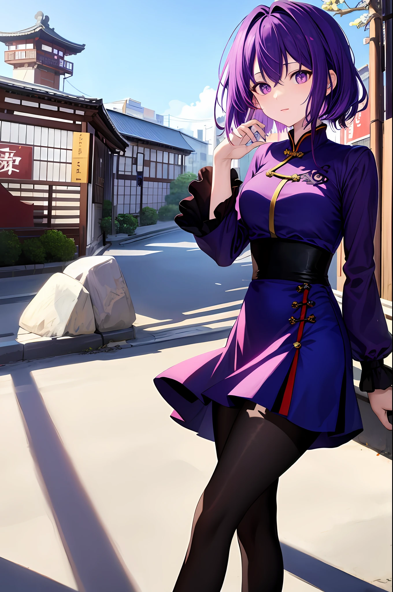 Nino Nakano The Quintessential, purple hair, purple eyes, black Chinese dress, white pantyhose,