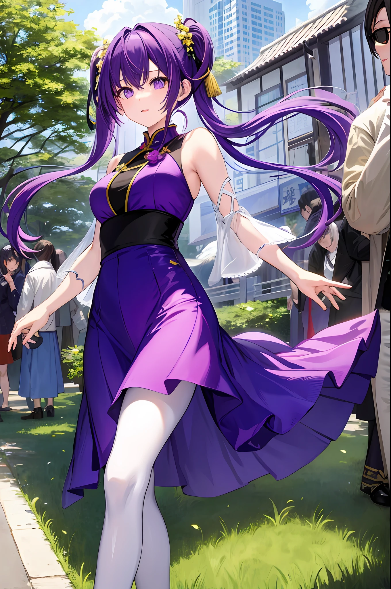 Nino Nakano The Quintessential, purple hair, purple eyes, black Chinese dress, white pantyhose,