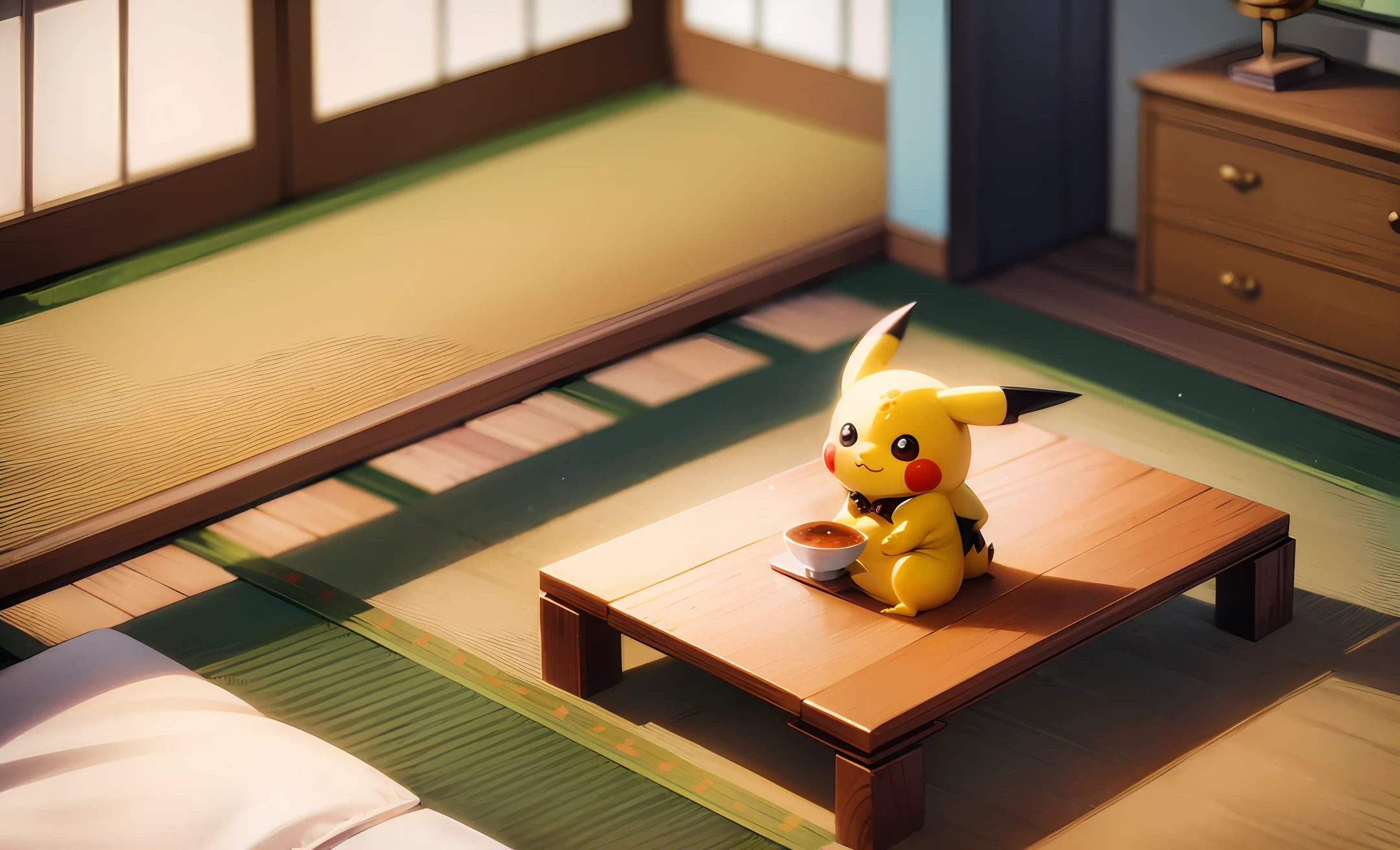 Pokemon art style,In a Japanese-style living room full of traditional Japanese atmosphere, Little Pikachu and Big Pikachu enjoy dinner together. The décor of the living room is simple and elegant, with soft tatami mats on the wooden floor, creating a warm and comfortable atmosphere.  In the corner of the living room, a low coffee table is placed on which a fine tray is placed. On the tray are some green rice dumplings, which are cute in shape, wrapped in a selection of glutinous rice and sweet fillings. Each zongzi is tightly wrapped in green leaves, and the details are exquisite and mouth-watering.  Little Pikachu sat on the floor, picked up a green rice dumpling with interest, and bit it down with his small mouth. With a look of contentment and joy on its face, it is full of love for food. The big Pikachu sits next to the little Pikachu, smiling and watching it enjoy the food, conveying the emotions of love and companionship.  The background of the living room is filled with a harmonious atmosphere, with flowers and traditional Japanese paintings decorating the walls, adding to the artistic atmosphere. On the tatami mats are some washi utensils such as soy sauce bottles, wooden chopsticks, and tea bowls, revealing the details of a traditional Japanese dining table.  The painting shows Little Pikachu and Grand Pikachu enjoying a meal together, as well as their time together in a cozy Japanese-style living room
