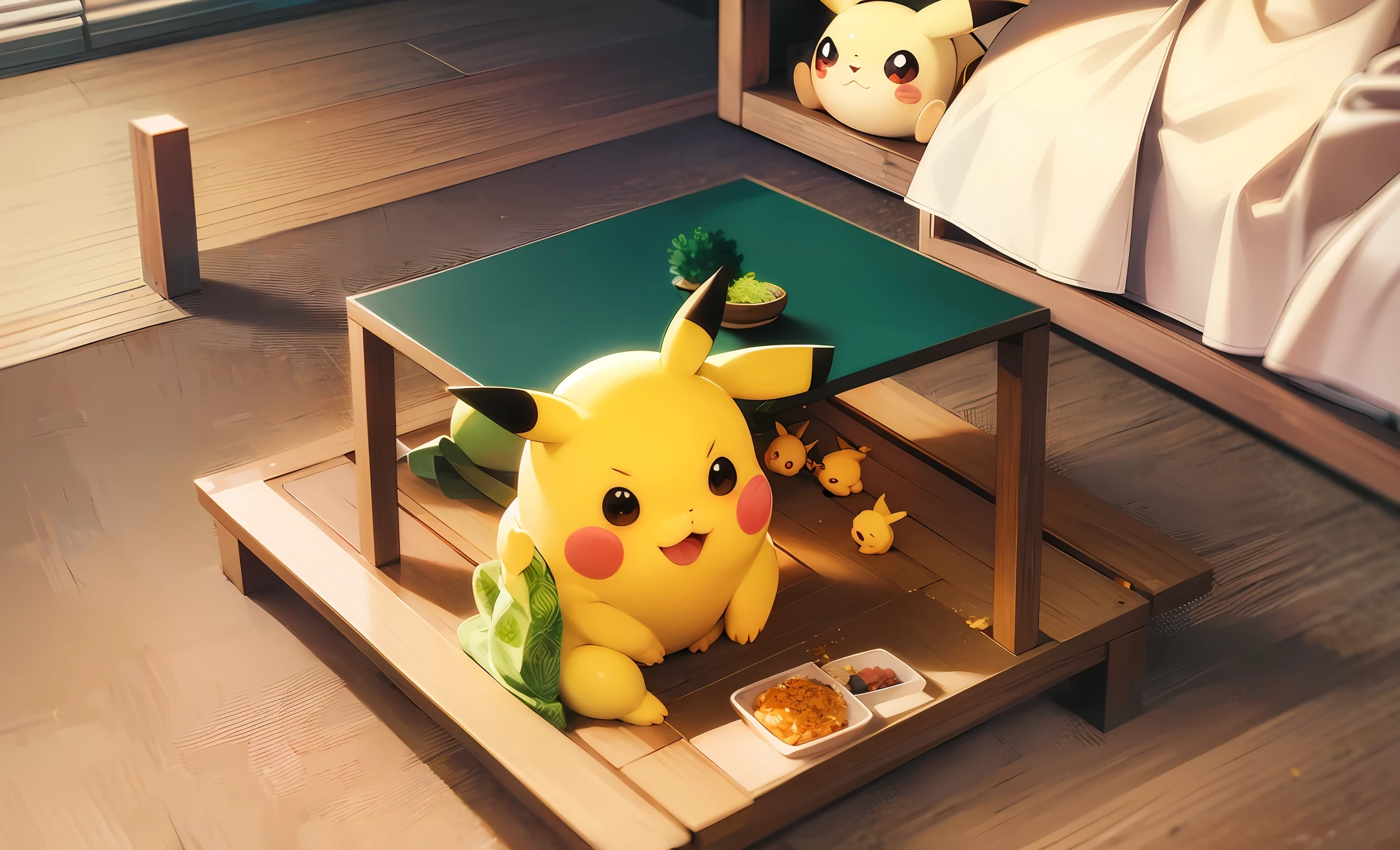 Pokemon art style,In a Japanese-style living room full of traditional Japanese atmosphere, Little Pikachu and Big Pikachu enjoy dinner together. The décor of the living room is simple and elegant, with soft tatami mats on the wooden floor, creating a warm and comfortable atmosphere.  In the corner of the living room, a low coffee table is placed on which a fine tray is placed. On the tray are some green rice dumplings, which are cute in shape, wrapped in a selection of glutinous rice and sweet fillings. Each zongzi is tightly wrapped in green leaves, and the details are exquisite and mouth-watering.  Little Pikachu sat on the floor, picked up a green rice dumpling with interest, and bit it down with his small mouth. With a look of contentment and joy on its face, it is full of love for food. The big Pikachu sits next to the little Pikachu, smiling and watching it enjoy the food, conveying the emotions of love and companionship.  The background of the living room is filled with a harmonious atmosphere, with flowers and traditional Japanese paintings decorating the walls, adding to the artistic atmosphere. On the tatami mats are some washi utensils such as soy sauce bottles, wooden chopsticks, and tea bowls, revealing the details of a traditional Japanese dining table.  The painting shows Little Pikachu and Grand Pikachu enjoying a meal together, as well as their time together in a cozy Japanese-style living room