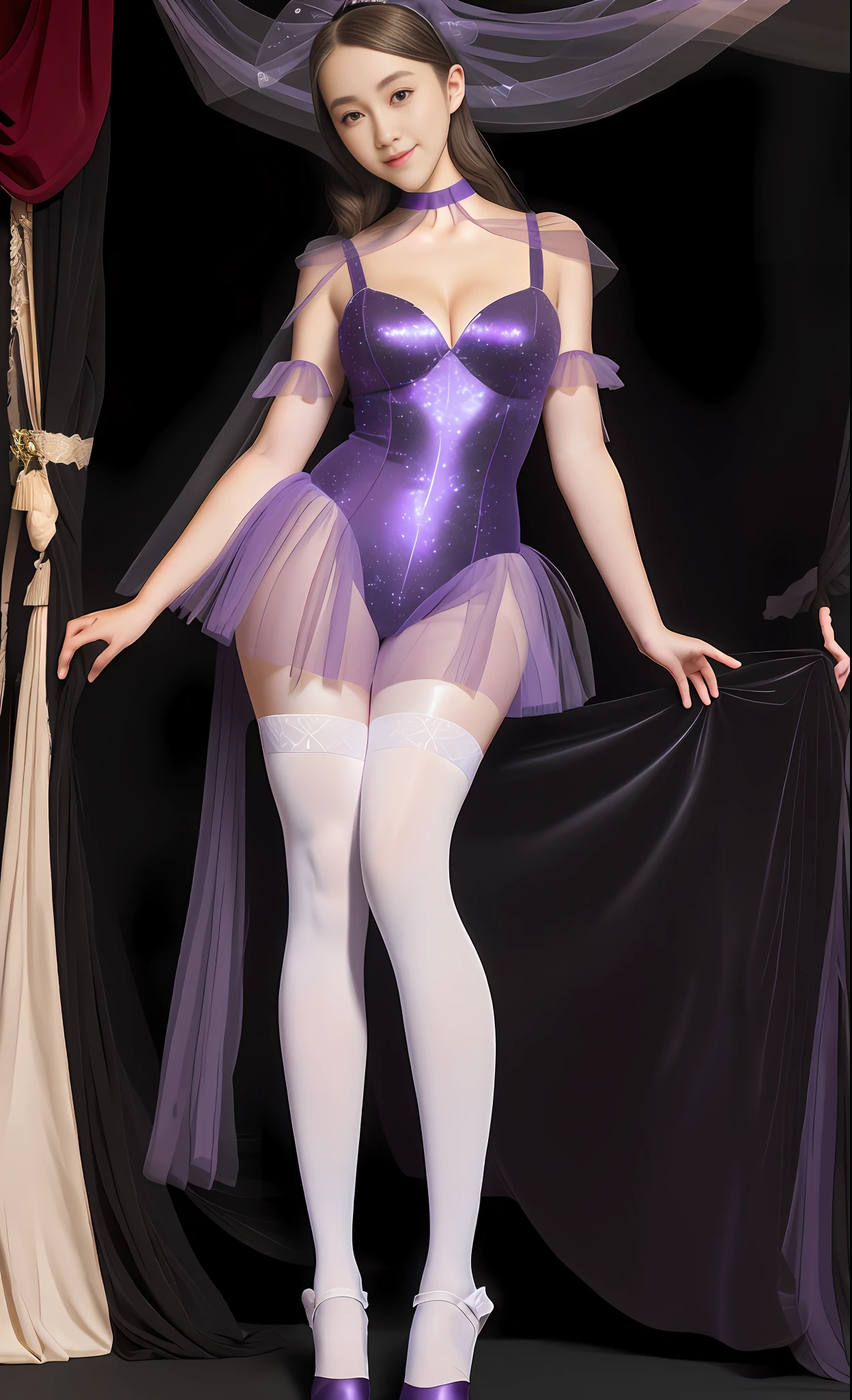 Absurd, high resolution, super detailed, (1 girl:1.3),
High fork swimsuit, ballet socks, tutu, looming feet, dark room, slim, pretty dreamy girl, looming bright purple thigh socks, silky texture, lace stocking edge, real photos, detailed eyes, pretty eyes, smile, full body perspective, detailed face, big boobs, real photos, realistic human body, realistic skin texture, cleavage:1.4, perfect light