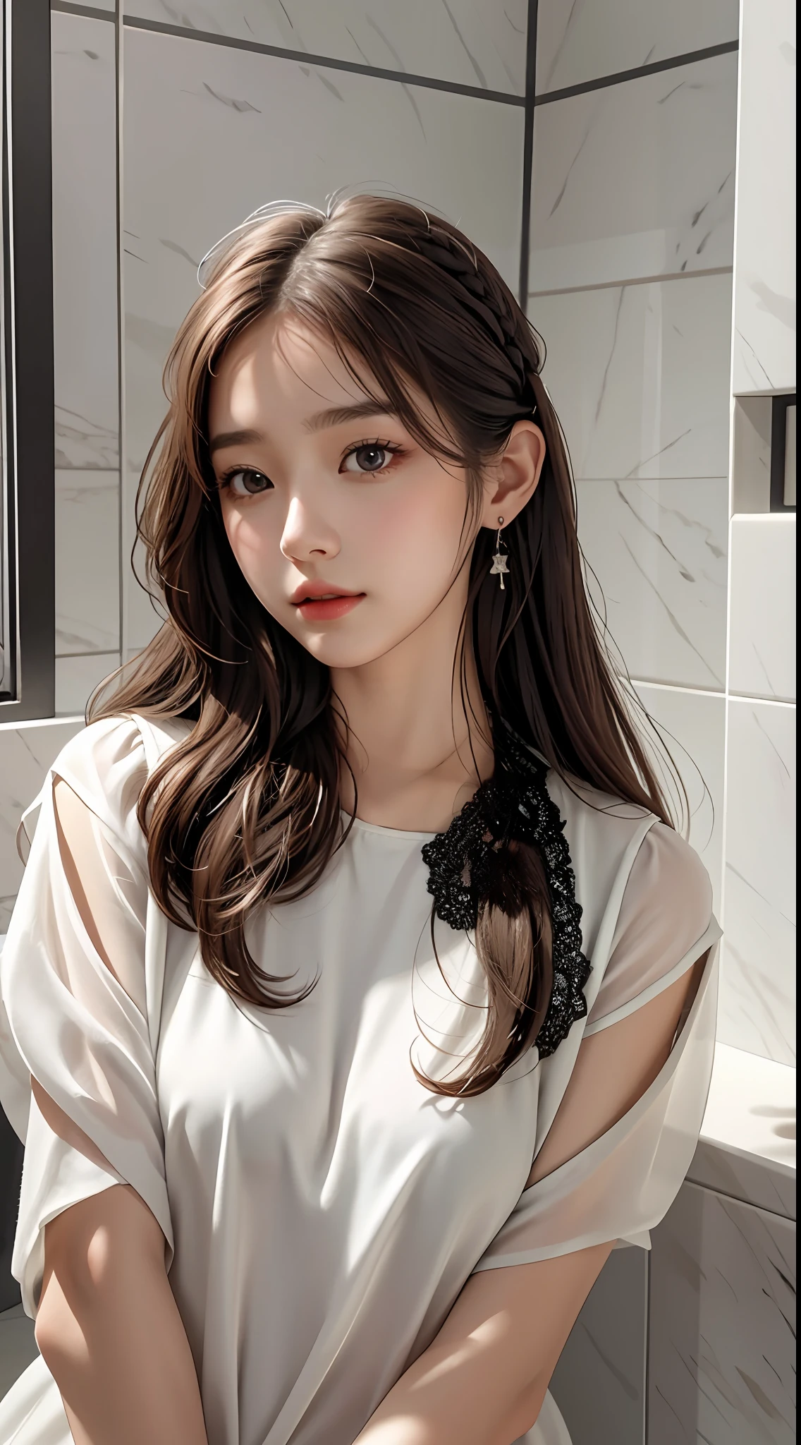 best quality, realistic, photorealistic, extremly detailed, an extremely delicate and beautiful, RAW photo, professional lighting, light on face, depth of field, a 19 years old girl,1 girl, brown hair, brown eyes, smaller head, fashion girl, hair covers ears, hair ribbon, beautiful eyes, small breast,real face, real skin, realistic face, realistic skin, detailed eyes, detailed facial features, detailed clothes features, detailed face and breast, (ulzzang-6500:0.1), full body, , shower room, (((public hair)))