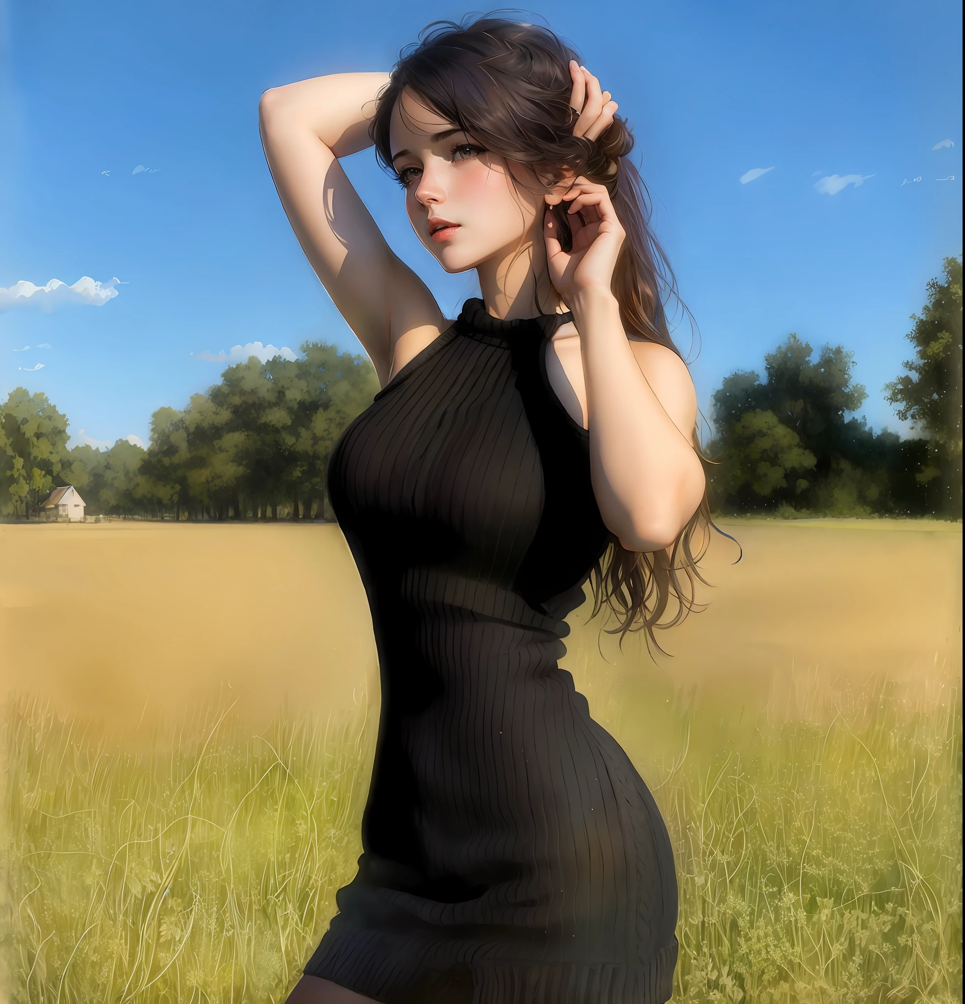(nude), big boobs,(masterpiece), best quality, extremely detailed, (watercolor), bloom, delicate and beautiful, illustration, (from below),(1girl:1.4), (solo:1.2), large breasts, (ribbed sweater:1.3), off-shoulder sweater, (short shorts:1.2), bare shoulders, (underboob:1.2), ((dark skin:0.8)), beautiful eyes, (disheveled hair ), photography, over-the-shoulder shot, by Alex Maleev, professional, canon camera, nikon camera, sharp, bokeh, studio quality, fisheye lens, by Robert Capa ,