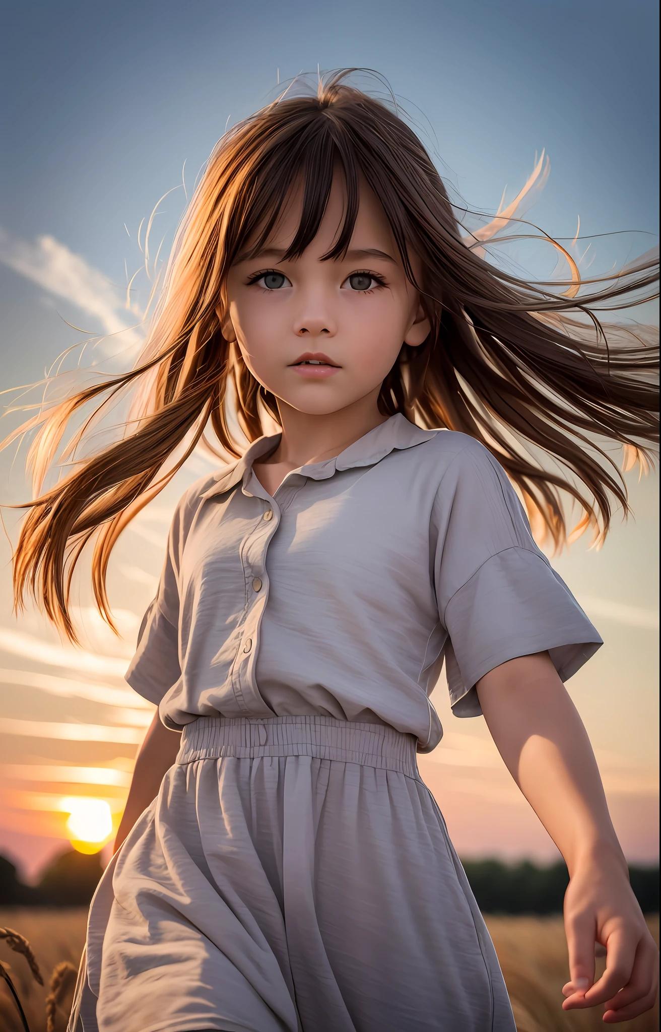 russian, , close-up, bust, wheat field background, running, facing the viewer, sunset, highway, realistic, best quality, high resolution, photography,