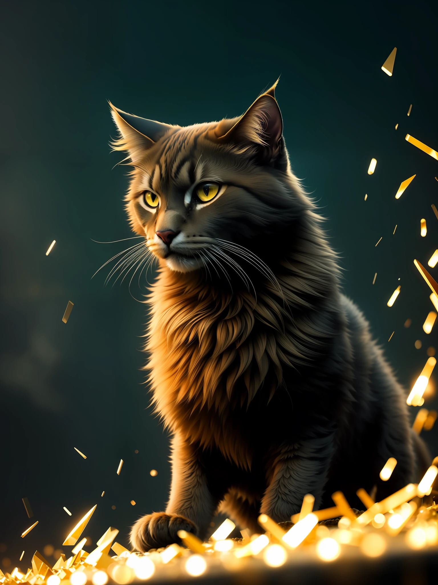 ultra wide angle, in focus, dark epic background, gorgeous lifelike, moody golden fur design, dynamic pose of a cat, the full and whole body, full length shot, hyper details, lighting art, cinematic, insane details, intricate details, hyperdetailed, goth, fractal, dark shot