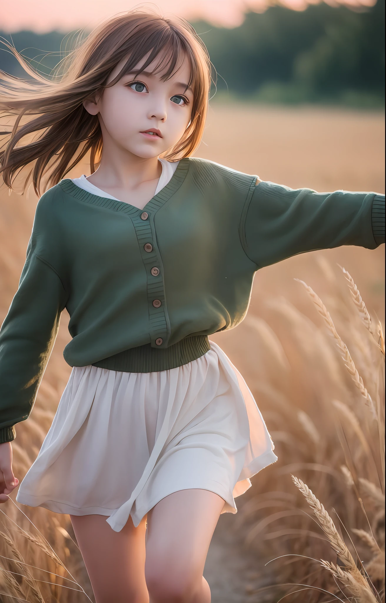 russian, , close-up, bust, wheat field background, running, facing the viewer, sunset, highway, realistic, best quality, high resolution, photography,