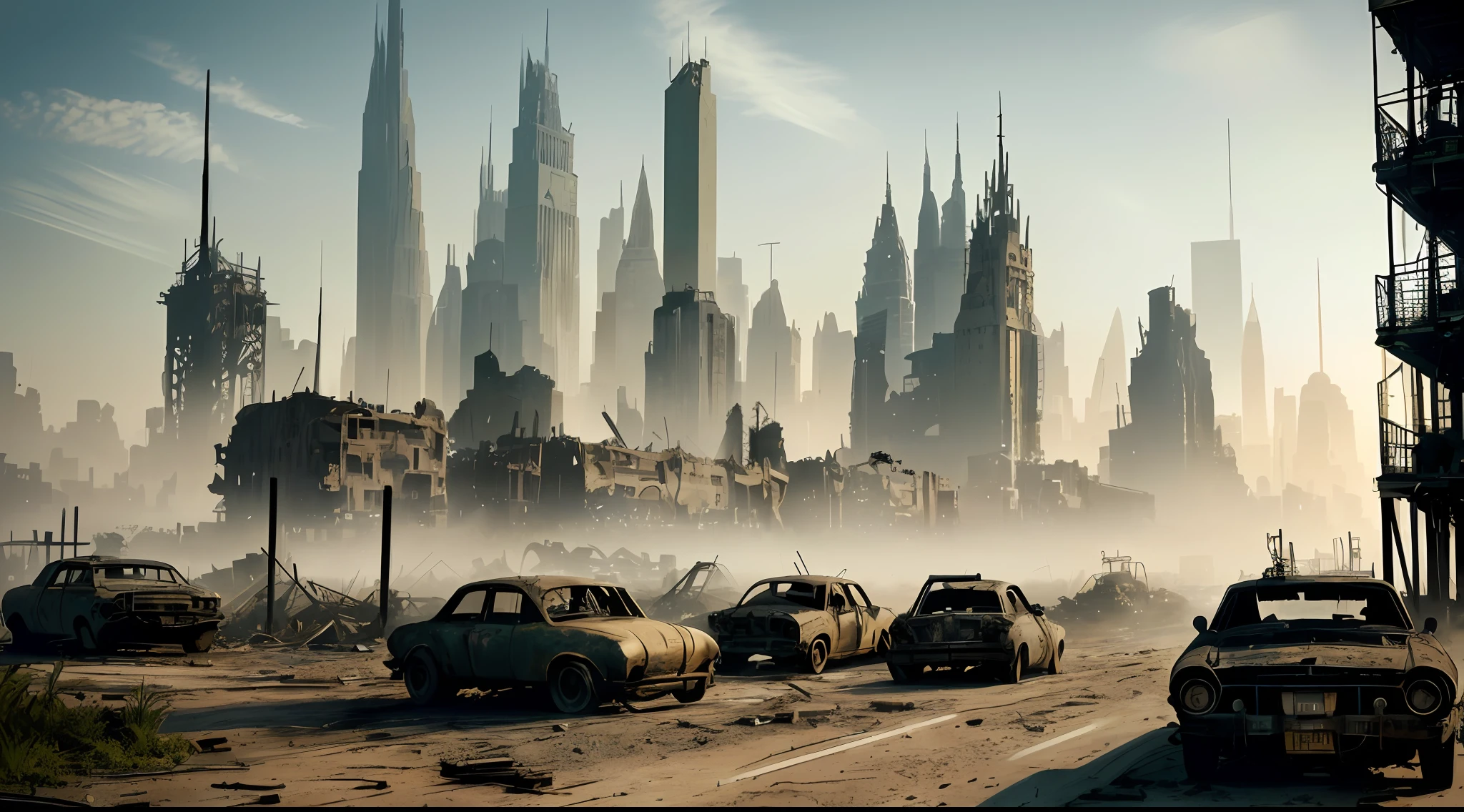 Ruin covered in a cityscape, Mad Max, ground level, street, looted, New York skyline, post-apocalyptic, skyscrapers, rusty cars, rusty bridge in the background, low fog (lots of vegetation:1.3), burning building, collapsed building, cinematic, dramatic light, architecture, airship in the sky BREAK
Photorealistic, hyperrealistic, hyperdetailed, style, detailed skin, matte skin, soft lighting, subsurface scattering, realistic, heavy shadow, masterpiece, best quality, ultra realistic, 8k, golden ratio, Intricate, High Detail, film photography, hyper detailed, photo-maximum realistic detail, volumetric light, moody cinematic epic concept art, realistic matte painting, hyper photorealistic