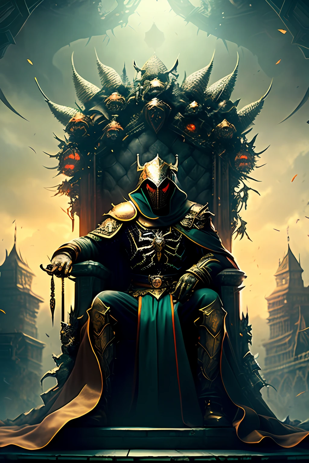 Sitting on the throne, King of the Dead wearing a crown of bones, black mesh robe, spider web, spider on armor, black blade in hand, fantasy, dramatic photo, motion photo, full body view, model pose, blurred background, very detailed, surreal, 8k, (reality:1.3), poster, intricate details, painting\(artwork\), ((masterpiece, best quality)), ((cinematic light)), hyperrealistic, fearsome, dark fantasy \(style\), detailed armor, detailed spider helmet, spider head, eight hands, eight eyes, terrible, scary, ugly, mutations, mouth on the stomach, (dark shot:1.17), epic realistic, faded, ((neutral color), art, (HDR: 1.5), (Pastel Colors: 1.2), Ultra Detailed, (ArtStation: 1.5), Cinematic, Warm Light, Dramatic Light, (Complex Detail: 1.1), Complex Background, (Rutkowski: 0.8), (Teal and Orange: 0.4)
