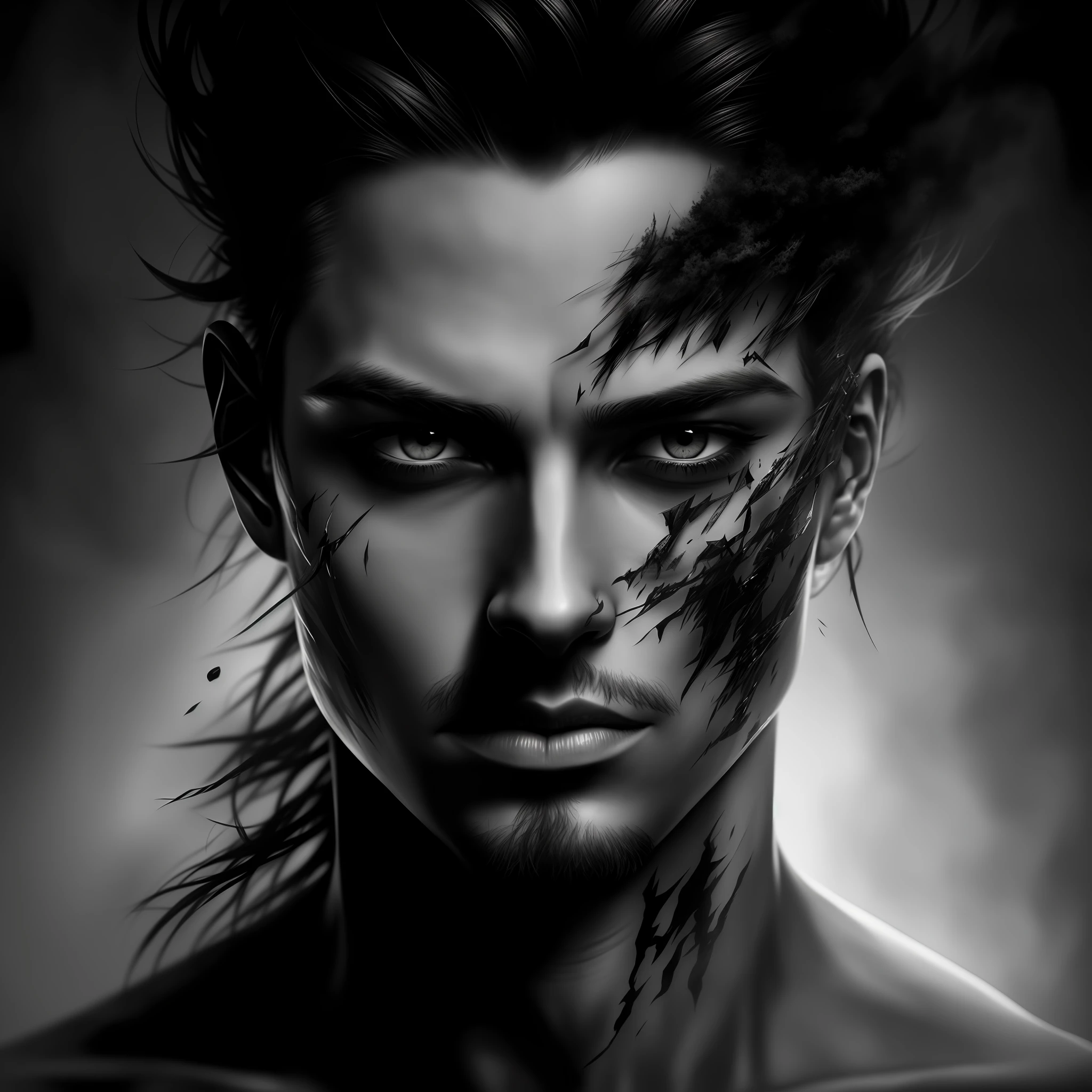 black and white photograph of a man with eyes burning with fire, fantasy male portrait, dark fantasy mixed with realism, detailed matte fantasy portrait, dark fantasy portrait, digital fantasy portrait, dark but detailed digital art, sharp detailed face, detailed cyborg portrait, epic portrait illustration, half-human demon portrait, epic full-face portrait, detailed face portrait, detailed face portrait
