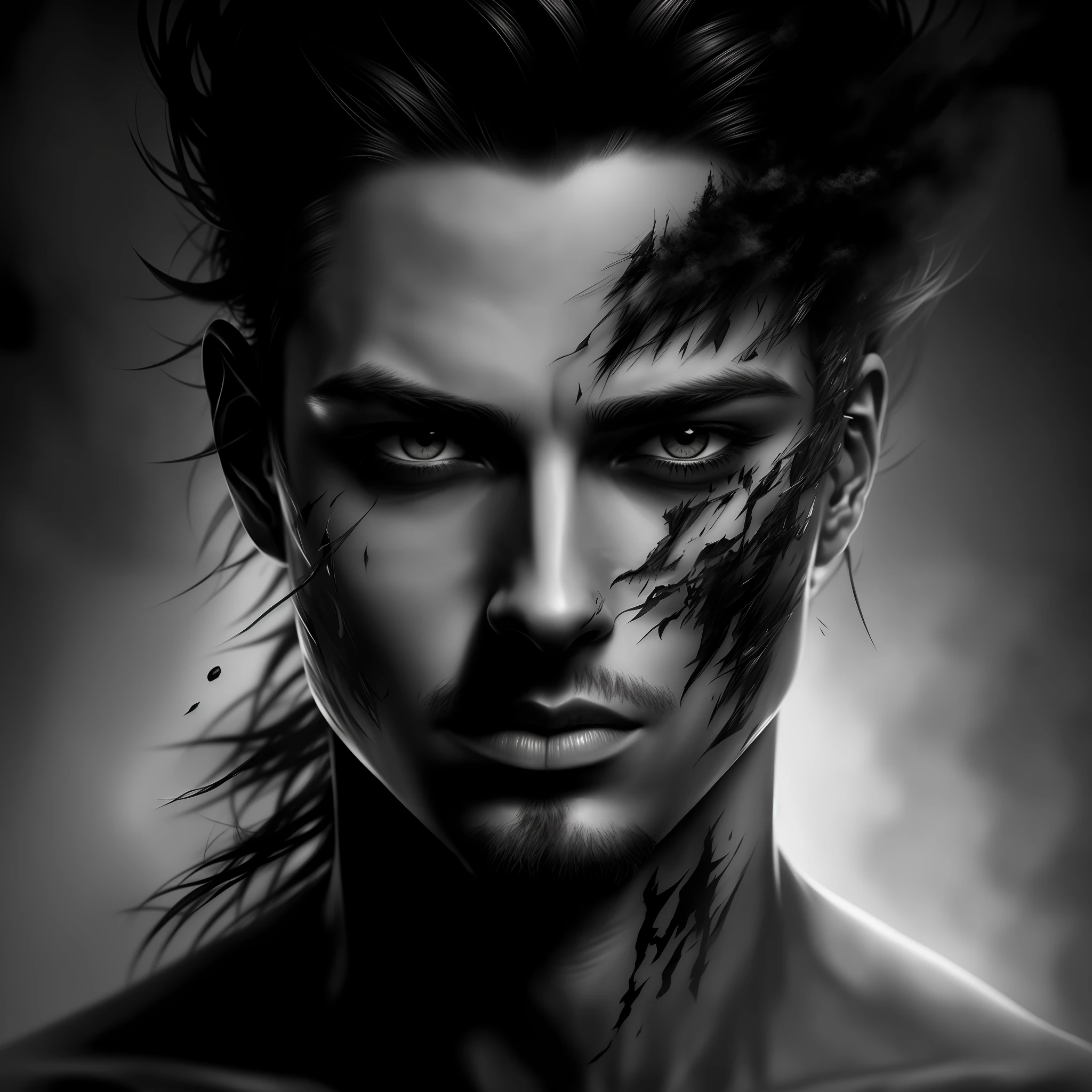 black and white photograph of a man with eyes burning with fire, fantasy male portrait, dark fantasy mixed with realism, detailed matte fantasy portrait, dark fantasy portrait, digital fantasy portrait, dark but detailed digital art, sharp detailed face, detailed cyborg portrait, epic portrait illustration, half-human demon portrait, epic full-face portrait, detailed face portrait, detailed face portrait