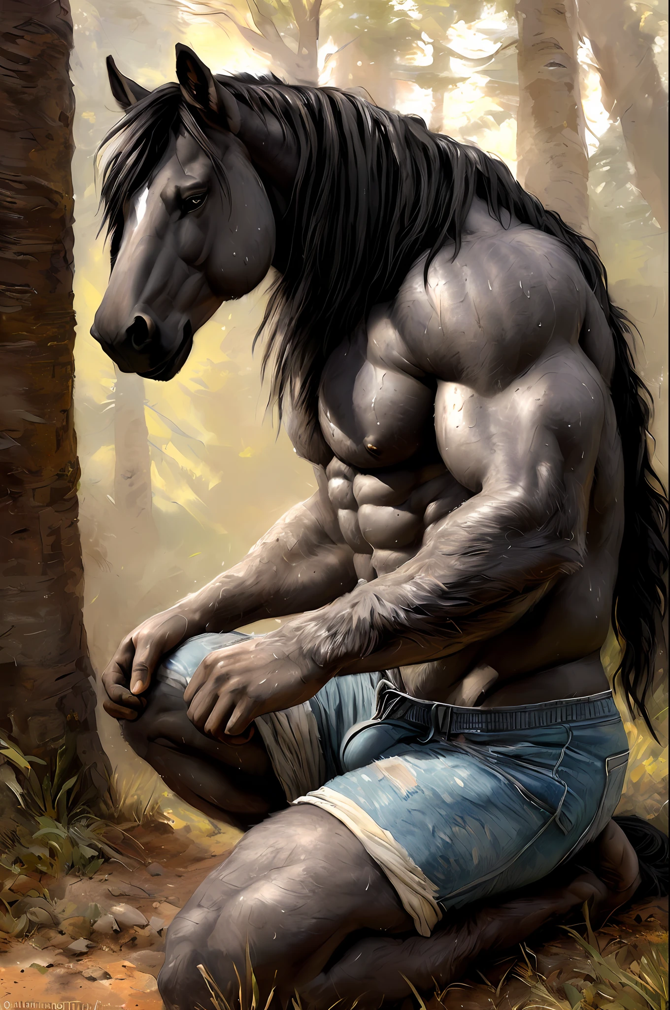 ((solo)), anthro mustang, (grey fur, black mane, darker snout and hands:1.3), ((equine face)), male, late twenties, athletic, abs, (veiny, ripped muscles:1.3), (correct anatomy, heavy build, massive body, wide hips, wide torso), (realistic fur, detailed fur texture:1.5), detailed background farm, photorealistic, (shorts:1.3), (big bulge with outline:1.2), bare torso, (detailed clothing), hyperrealistic, ultradetailed, by kenket, natural lighting, sweat, exhausted, kneeling bend down position, epic