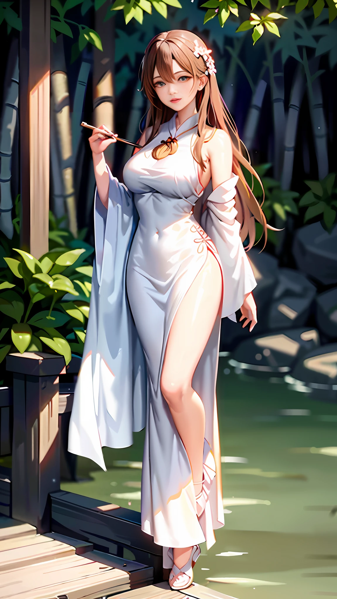 In the bamboo forest, elegant woman in white dress, holding a delicate fan, white Hanfu, wearing a white silk robe, (shallow print: 1.2), wearing a simple robe, gorgeous Chinese model, wearing a simple robe, Chinese girl, elegant woman, flowing white robe, model, flowing robe, beautiful flowing Hanfu, wearing a flowing robe, showing the shoulders, with a wide open neckline