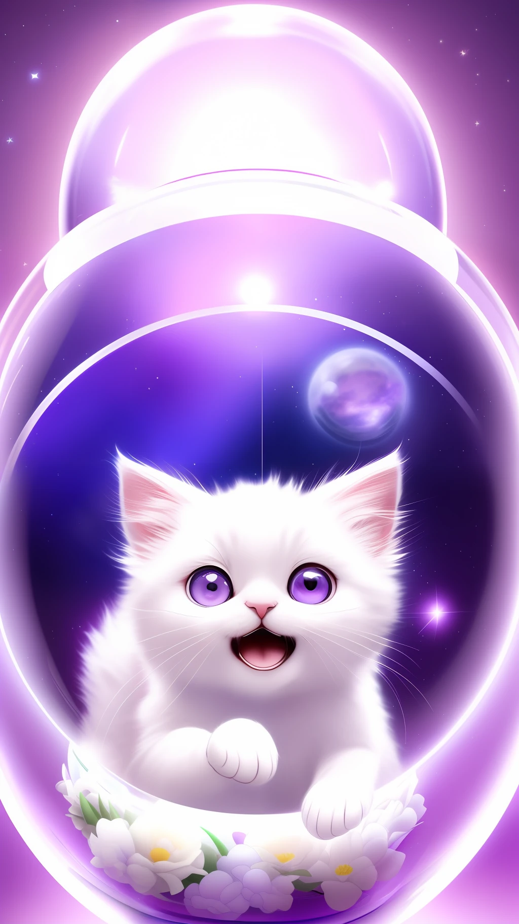 A cute fluffy white-furry kitten, wearing a sweater, big ears, to the left, big eyes, inside a large glass ball, flowers, light purple background, Morandi color, open mouth, laughing !!!, funny, (floating in space: 1.1) jubbslineart_v2