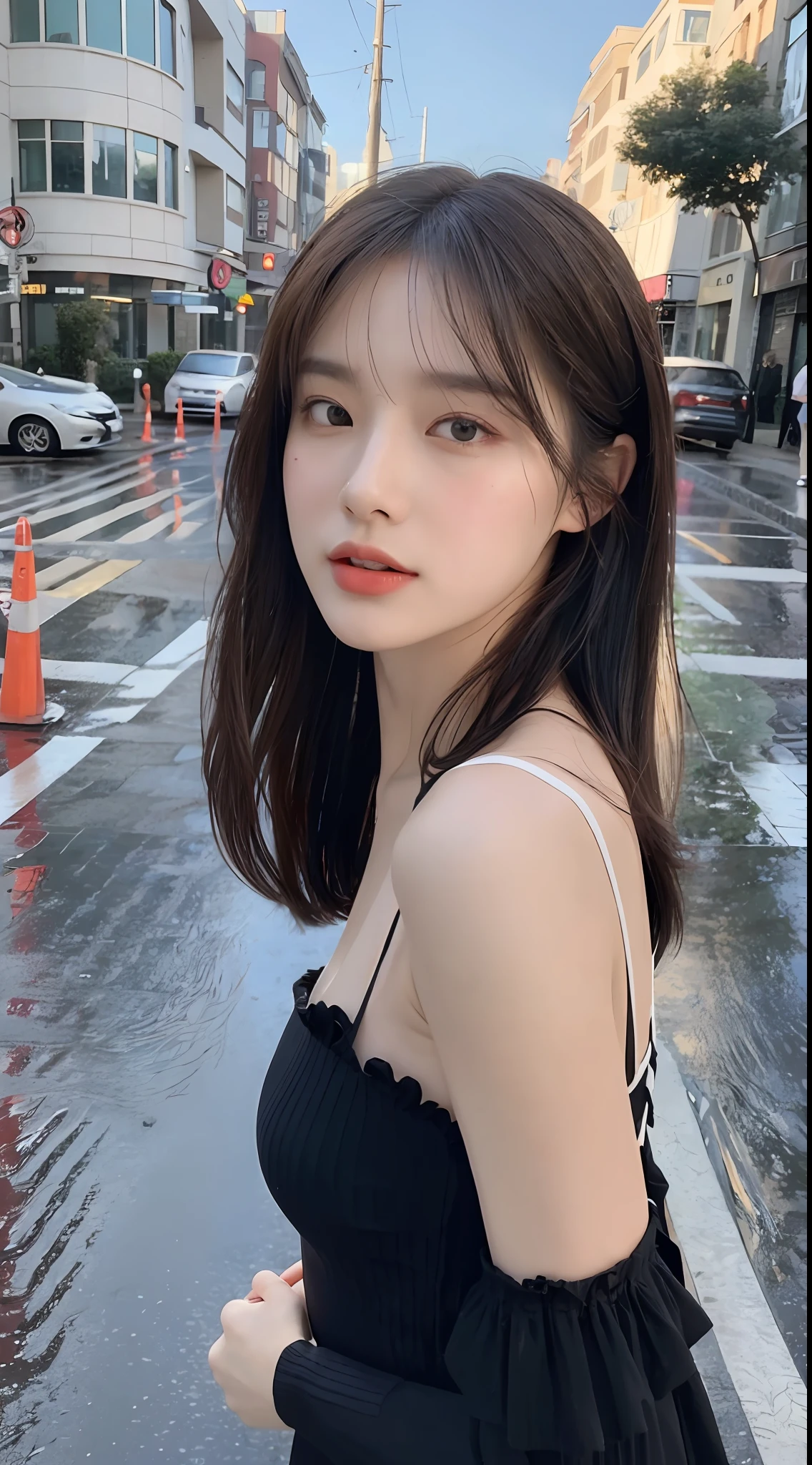 ((Best Quality, 8k, Masterpiece: 1.3)), Focus: 1.2, Perfect Body Beauty: 1.4, Buttocks: 1.2, (Layered Haircut: 1.2)), (Rain, Street:1.3), Highly detailed face and skin texture, Fine eyes, Double eyelids, Whitening skin, Long hair, (Round face: 1.5), sweet_lolita