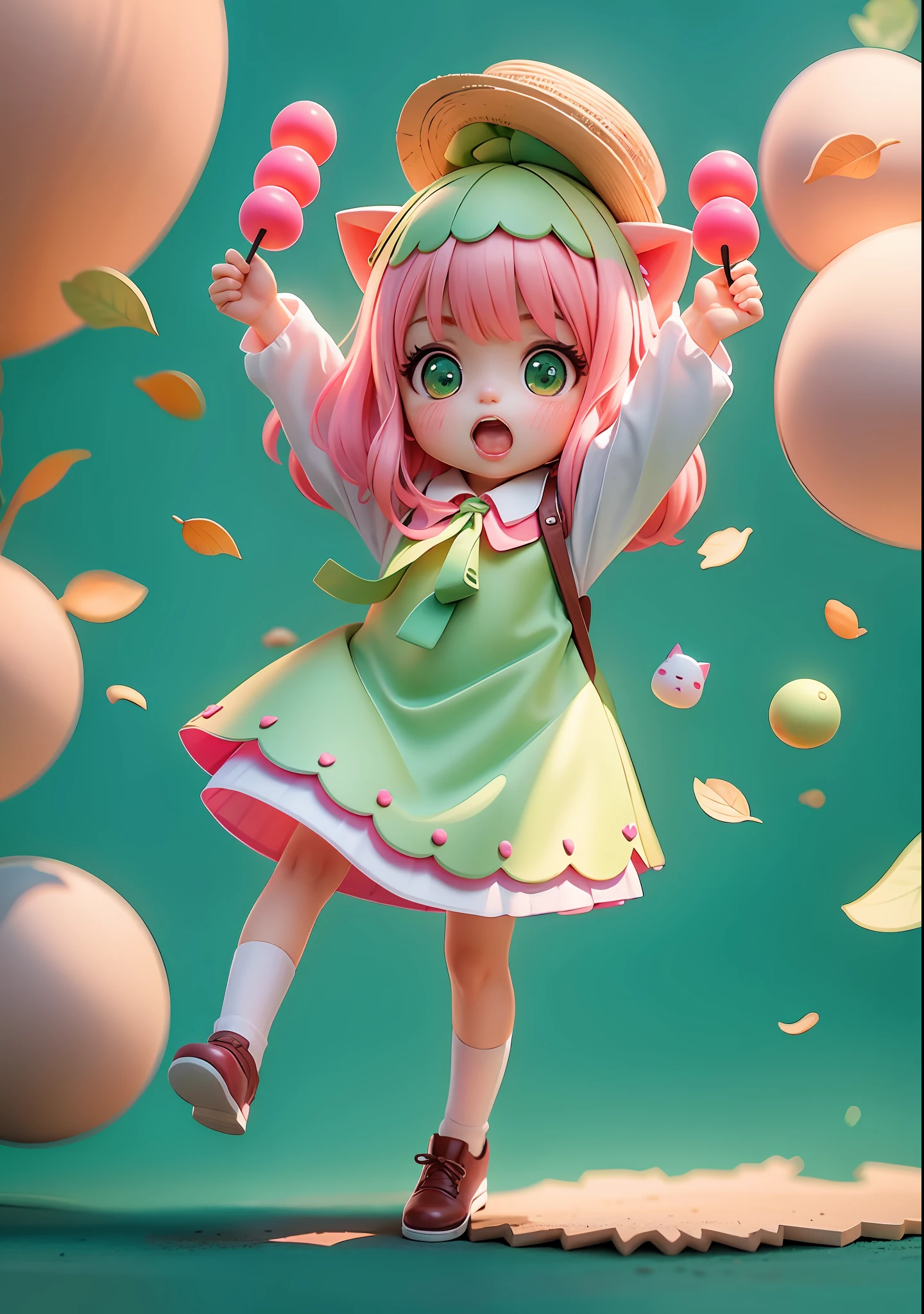 Pink hair, cute girl, cat ear shaped headdress, straw hat, white lining, green skirt outside, small brown leather shoes, holding three-colored dango in hand, green eyes, open mouth,