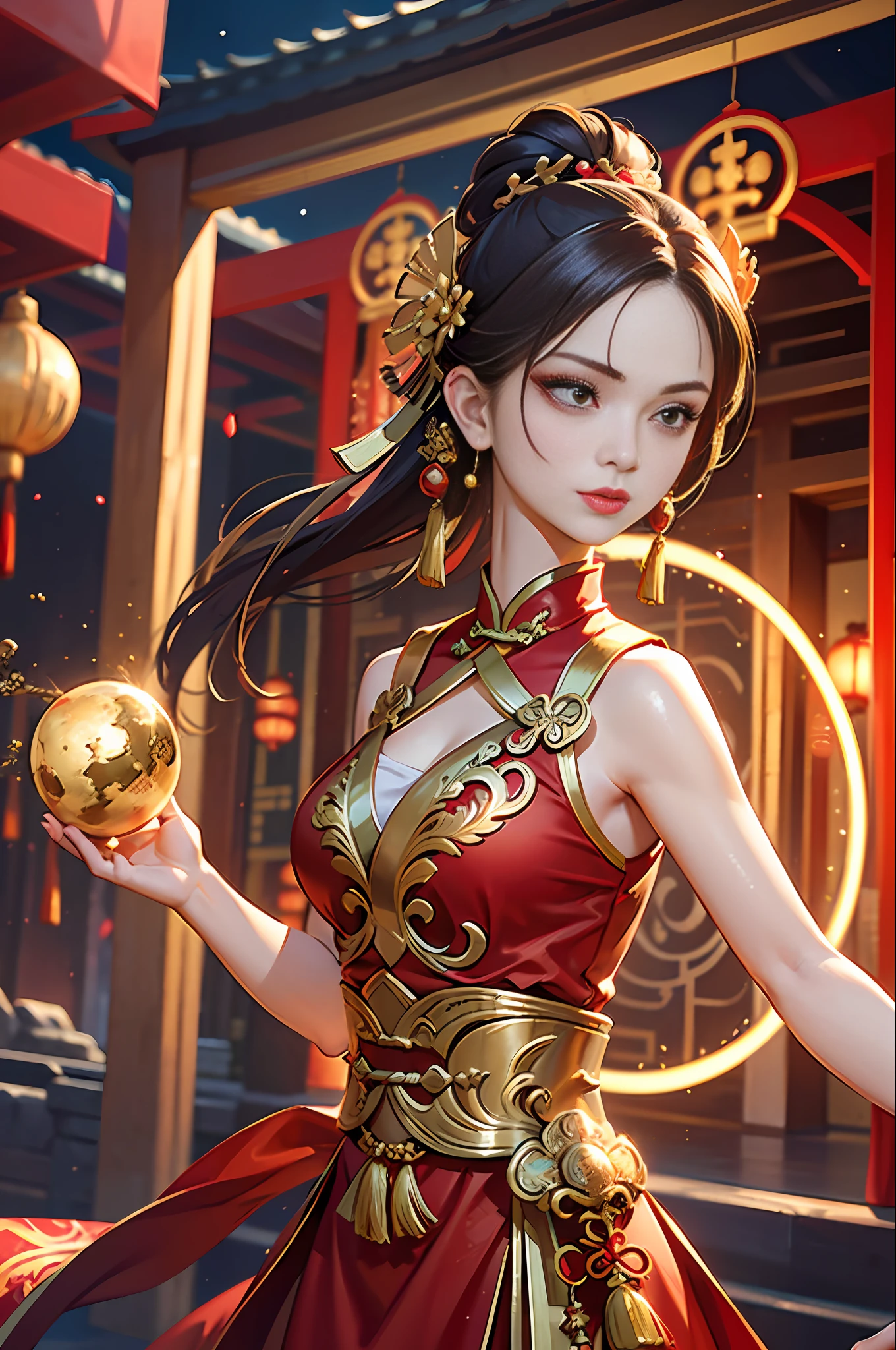 Best Quality, Masterpiece, Ultra High Resolution, (Realistic: 1.4), Xiuxian, Weapon, Detail Face,
1 girl, golden red dress, bare arms, solo, (magic circle: 1.2), Xiuxian, upper body, beautiful girl, half, Chinese architecture, sheath, construction,