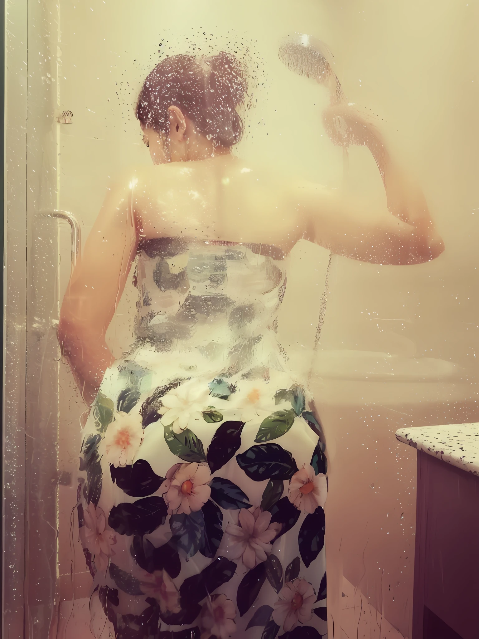 there is a woman standing in a shower with a shower head, under a shower, shot from the back, view from the back, wash off in the rain, back - shot, darling wash off in the rain, from the back, back shot, covered in water drops, full growth from the back, backshot, view from back, shower cap,Sexy wet Body,Big ass very sexy