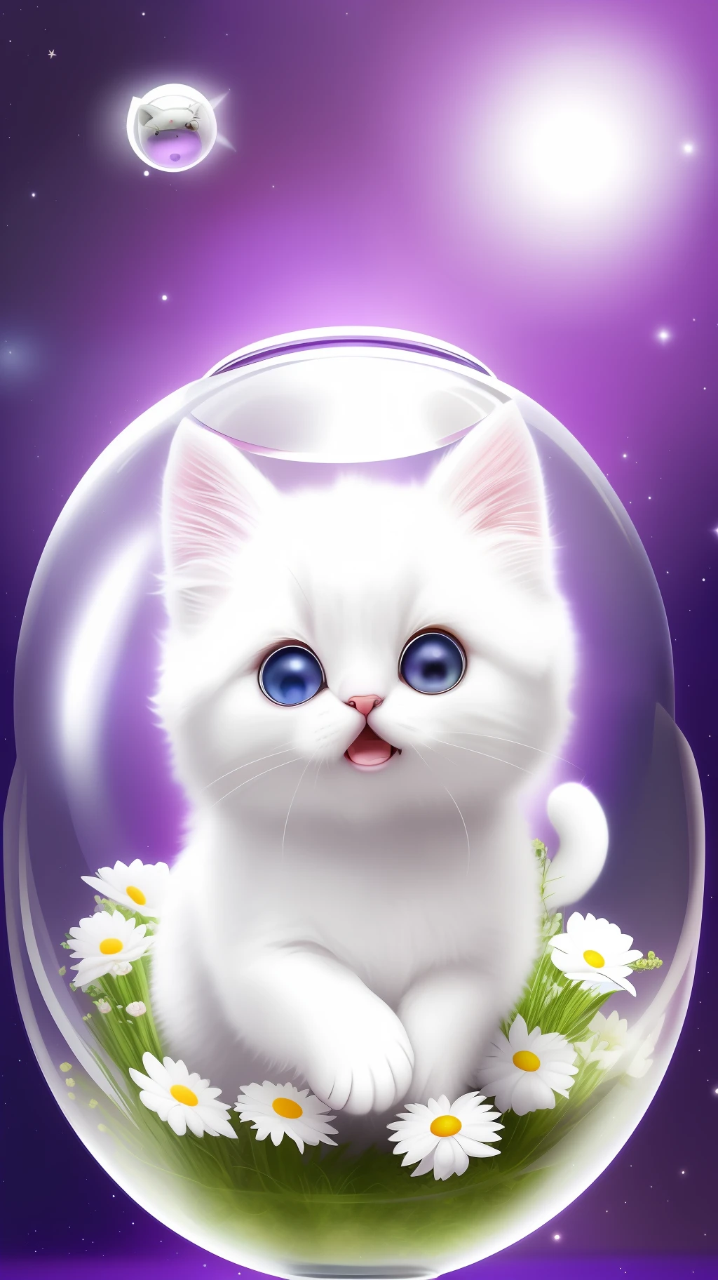 A cute fluffy white-furry kitten, wearing a sweater, big ears, to the left, big eyes, inside a large glass ball, flowers, light purple background, Morandi color, open mouth, laughing !!!, funny, (floating in space: 1.1) jubbslineart_v2