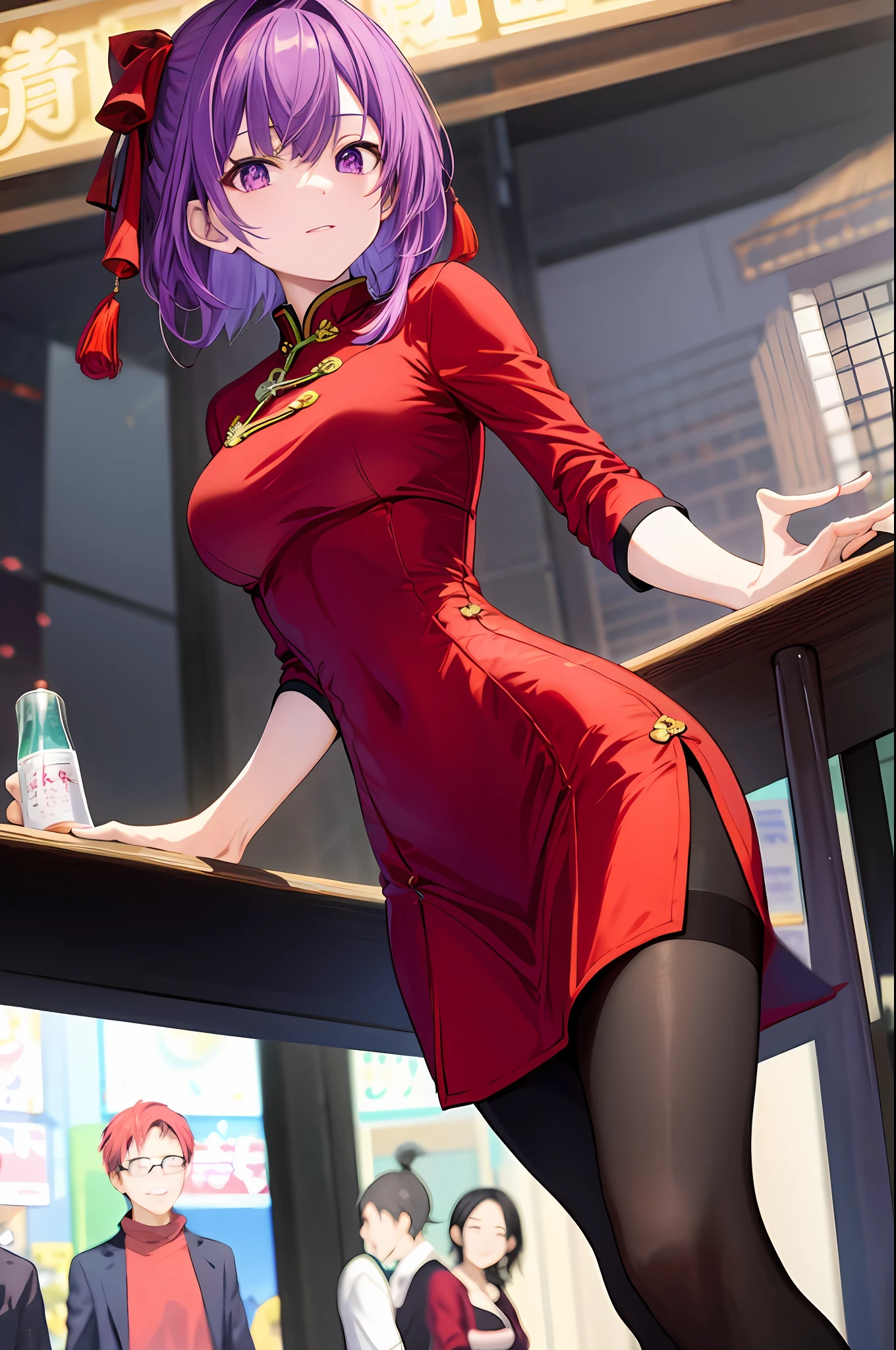 Nino Nakano The Quintessential, purple hair, purple eyes, red Chinese dress, black pantyhose,