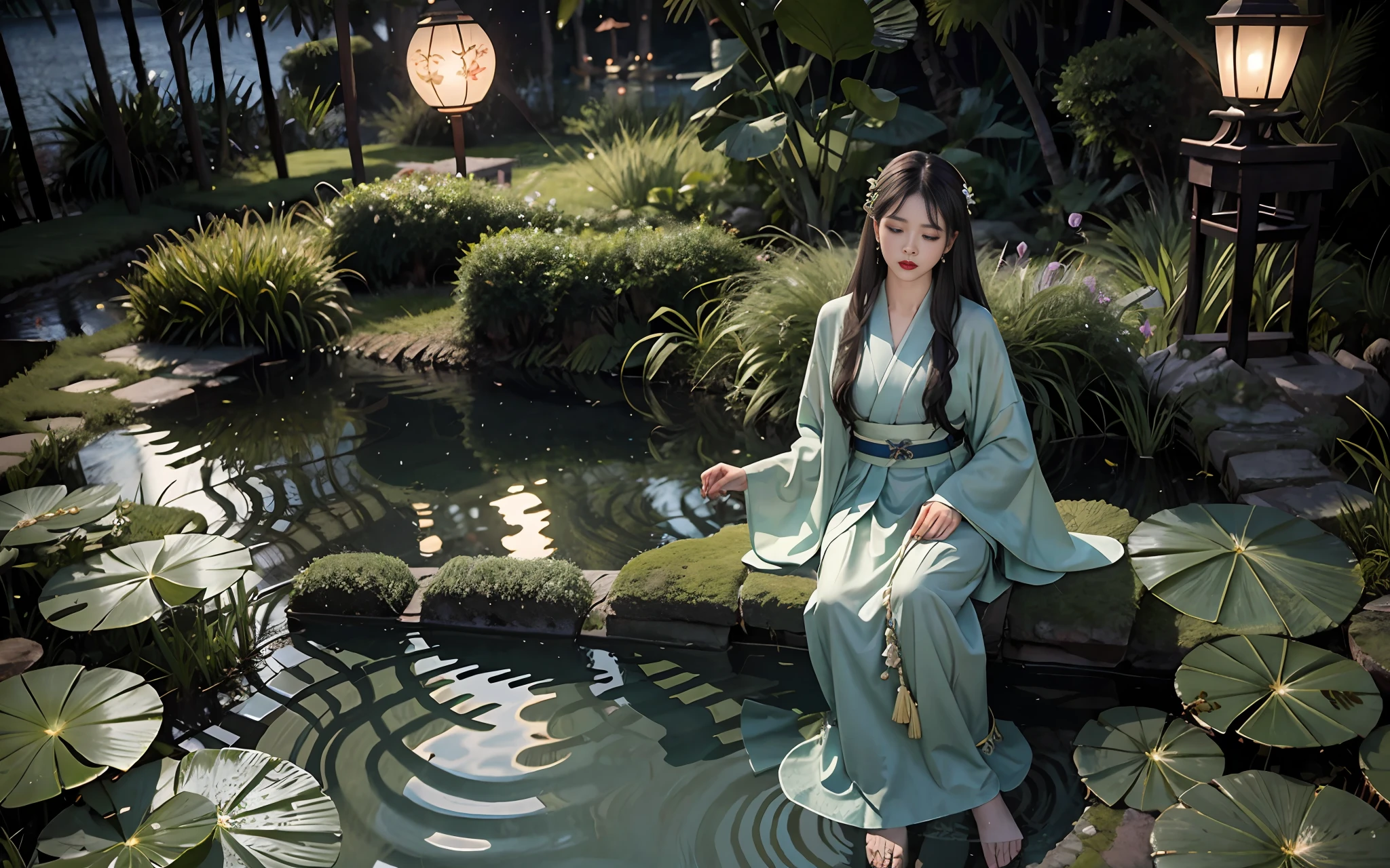 Dark green Hanfu, a woman, cool, fair skin, sea of flowers, pond, petals floating on the water, lily, clavicle, eyes closed, half submerged in water, dark background, moonlight, hairpin, jade pendant, Hanfu, exquisite face, hair accessories, red lips, skirt, belt, jewelry, long hair, earrings, , Hanfu, best quality, silky hair, perfect body proportions, wet, slender legs,
