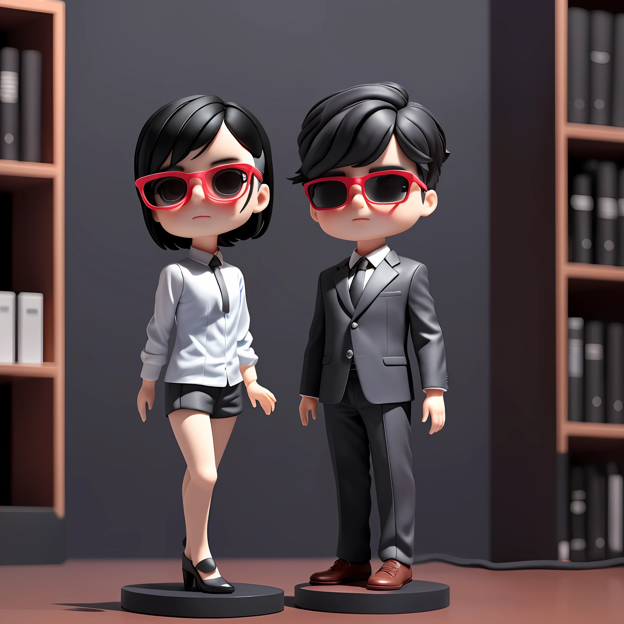 A handsome boy, gray suit, short black hair, with sunglasses, delicate face, delicate eyes, doll ornaments, full body, base, standing on a wooden base, office, cyberpunk, office, bookcase, printer, telephone, computer, chair, water dispenser, LED light strip,