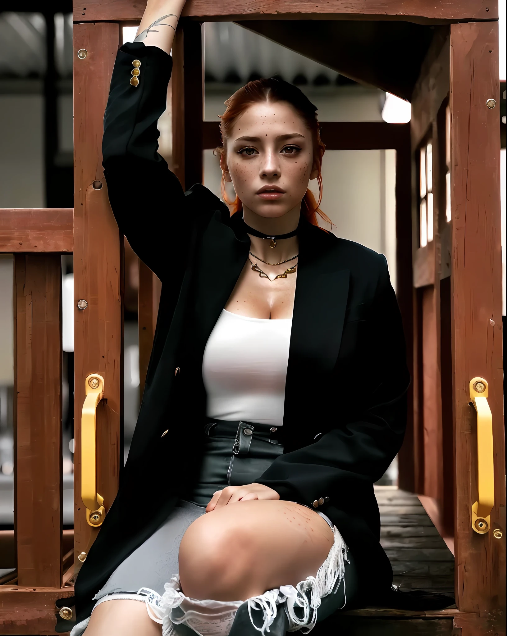 (8k, RAW photo, highest quality),(epic realistic:1.5), a girl, dynamic posture,erotic face,shirt,(detailed eyes:0.8),(looking at the camera:1.4), (highest quality), (best shadow),intricate details,cinematic,((skin:1.4)),interior, (long ponytail ginger hair:1.3),dark studio,(hdr:1.5),detailed, muted colors, freckles