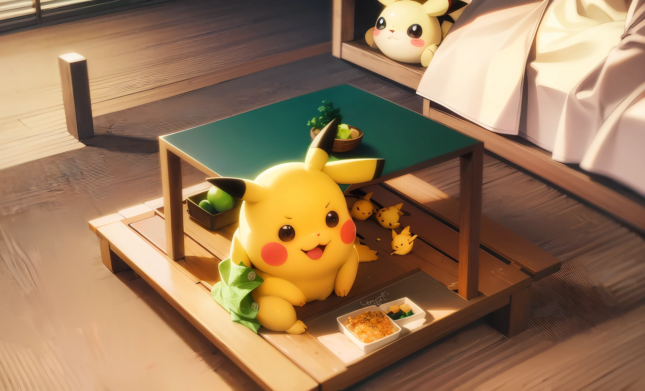 Pokemon art style,In a Japanese-style living room full of traditional Japanese atmosphere, Little Pikachu and Big Pikachu enjoy dinner together. The décor of the living room is simple and elegant, with soft tatami mats on the wooden floor, creating a warm and comfortable atmosphere.  In the corner of the living room, a low coffee table is placed on which a fine tray is placed. On the tray are some green rice dumplings, which are cute in shape, wrapped in a selection of glutinous rice and sweet fillings. Each zongzi is tightly wrapped in green leaves, and the details are exquisite and mouth-watering.  Little Pikachu sat on the floor, picked up a green rice dumpling with interest, and bit it down with his small mouth. With a look of contentment and joy on its face, it is full of love for food. The big Pikachu sits next to the little Pikachu, smiling and watching it enjoy the food, conveying the emotions of love and companionship.  The background of the living room is filled with a harmonious atmosphere, with flowers and traditional Japanese paintings decorating the walls, adding to the artistic atmosphere. On the tatami mats are some washi utensils such as soy sauce bottles, wooden chopsticks, and tea bowls, revealing the details of a traditional Japanese dining table.  The painting shows Little Pikachu and Grand Pikachu enjoying a meal together, as well as their time together in a cozy Japanese-style living room