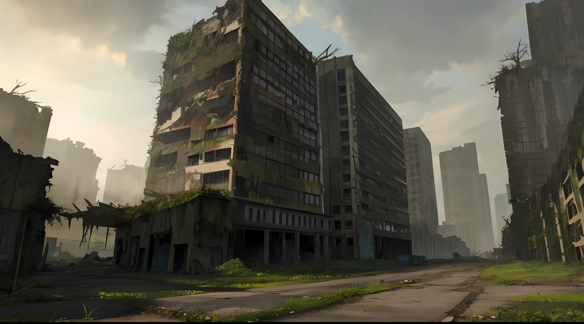landscape, scenery, no humans, building, wide shot, semi realistic, masterpiece, ultra detailed, absurdres, dynamic lighting, post-apocalypse, collapse, dusty, overgrown, asphalt, ruins