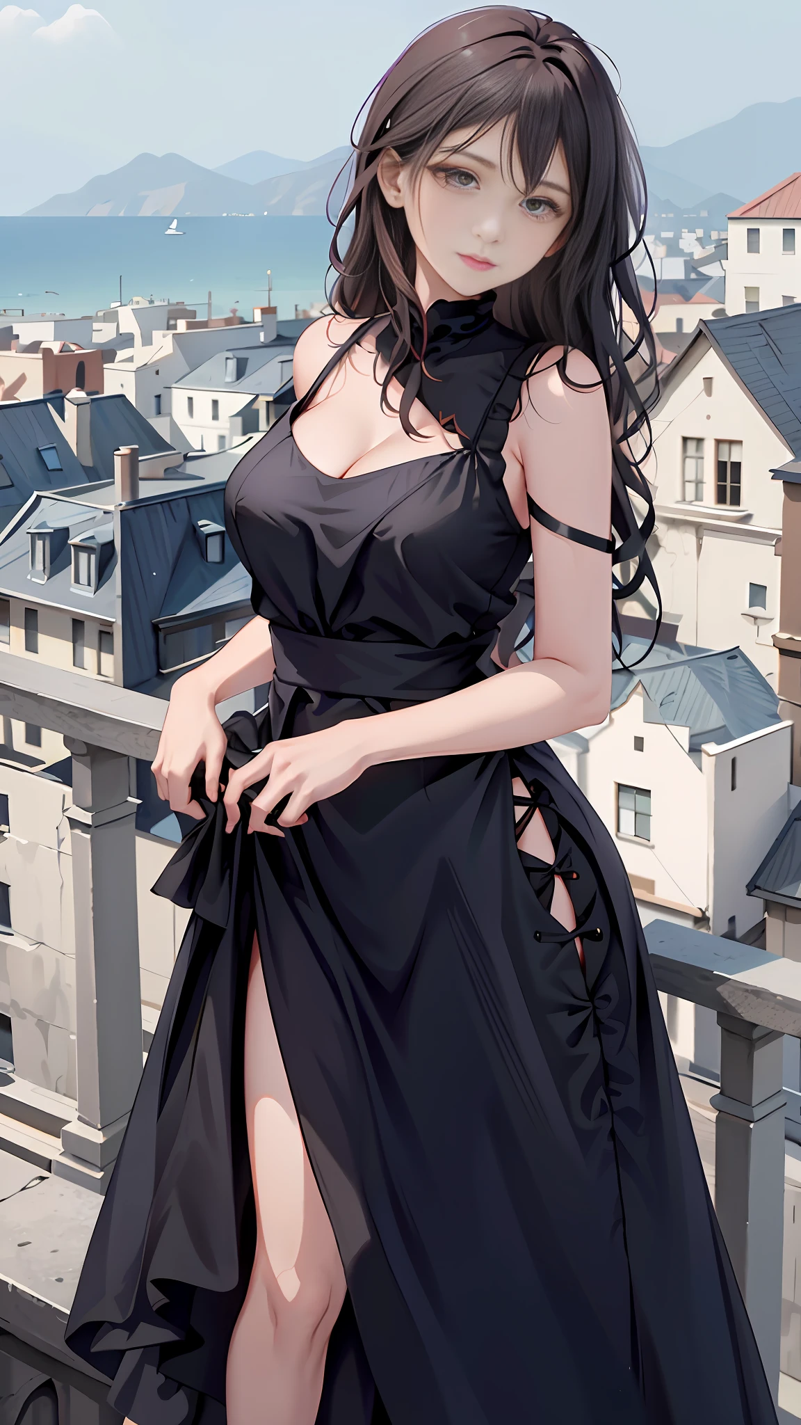 a woman in a black dress standing on a balcony, she is wearing a black dress, wearing an elegant dress, in a rooftop, an elegant woman in black dress, on a rooftop, wearing black camisole outfit, opened dress, on rooftop, wearing a black dress, wearing black dress, long dress, with a thin waist, wearing a long dress