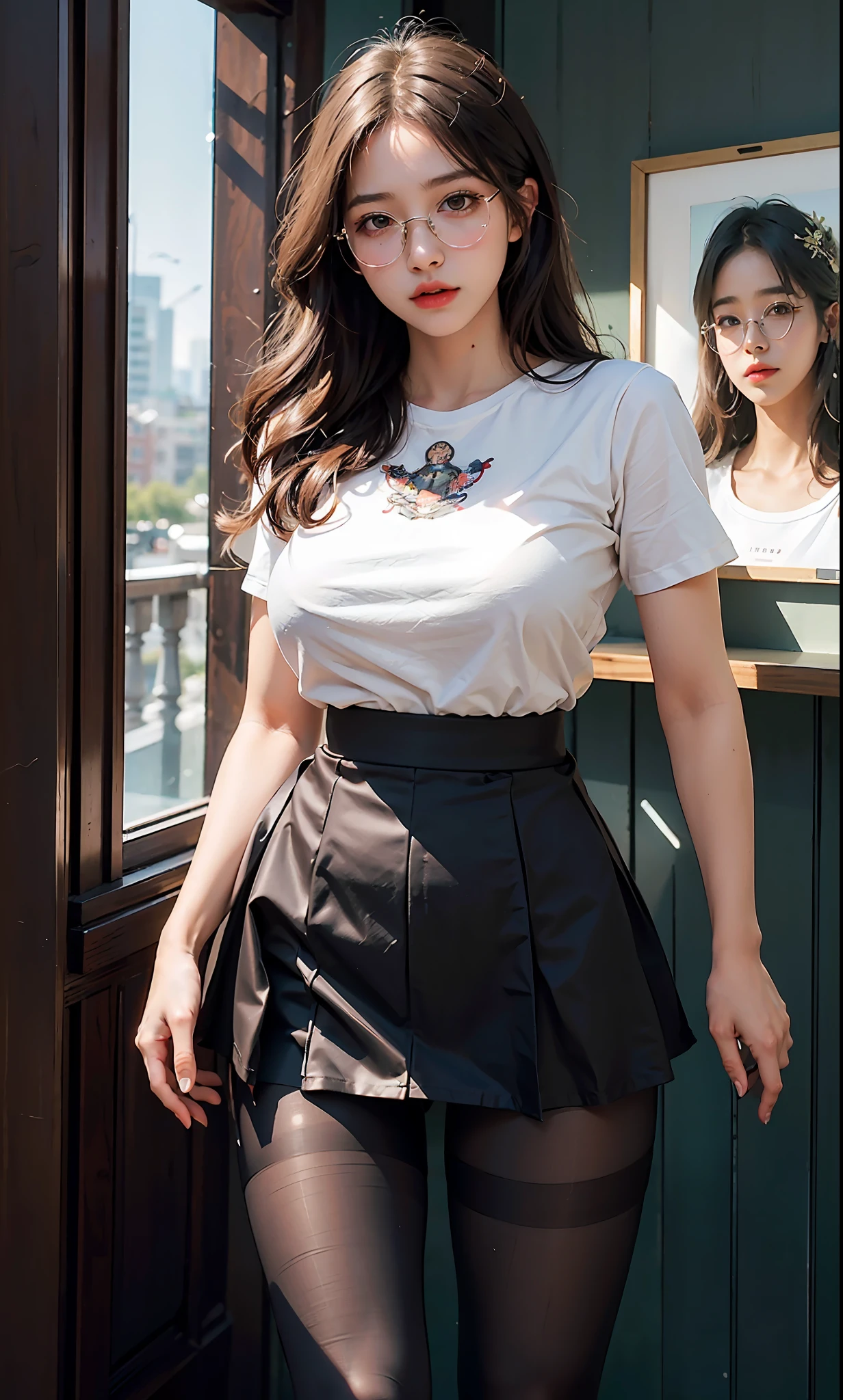ulzzang-6500-v1.1,(raw photo:1.2), (photorealistic:1.4), beautiful detailed girl, very detailed eyes and face, beautiful detailed eyes, ridiculous, incredibly ridiculous, huge file size, super detailed, high resolution, very detailed, best quality, masterpiece, ((t-shirt)), illustration, very detailed, CG, unified, 8k wallpaper, amazing, fine details, masterpiece, Best quality, very detailed CG unified 8k wallpaper, face light, movie lighting, 1girl, 16 years old, long white hair, side split, (big breasts), (no panties)), (with glasses), (dynamic pose), (sexy pose), ((camel toe))), (half), ((pantyhose)), ((black hip skirt)), (bent knees)))))