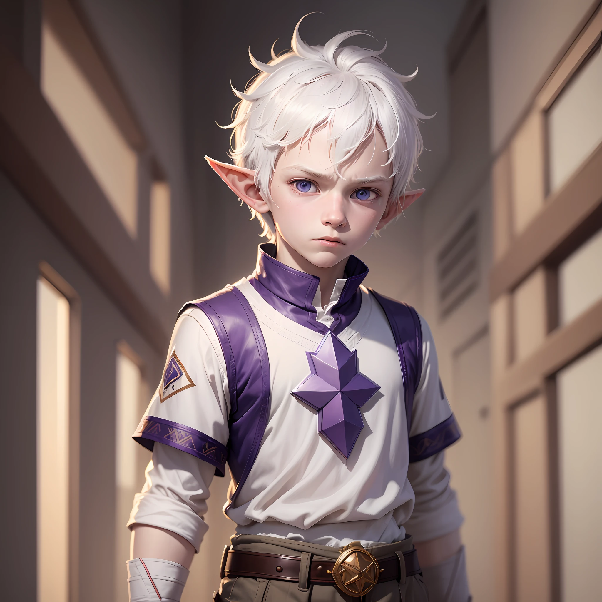 a 12-year-old boy, good person, albino with white skin, short white hair, white hair covering the ears, huge elf ears, pointed and hairy ears, purple eyes, telekinesis powers, no anger, cute shirt and pants, UHD, retina, masterpiece, accurate, anatomically correct, textured skin, super detail, high details, high quality, award winning, best quality, highres
