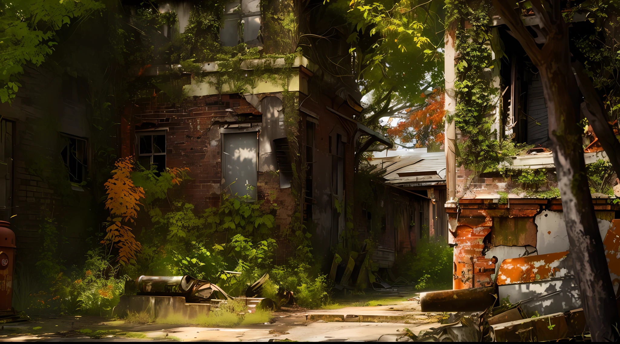 there is a red fire hydrant sitting in the middle of a yard, empty buildings with vegetation, overgrown place, overgrown city, outdoors ruined cityscape, dilapidated look, an abandonded courtyard, dilapidated houses, old mystic ruins, overgrown environment, abandoned streets, realistic photo of a town, overgrown ruins