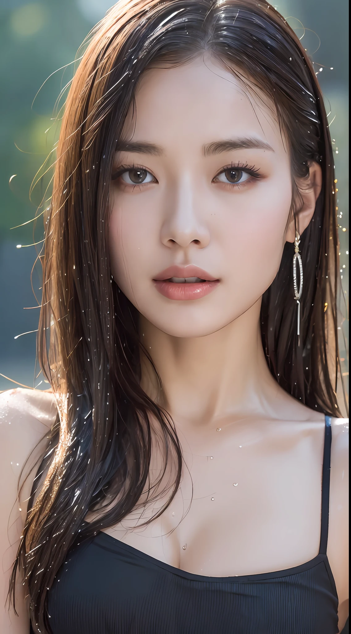(Best quality, 4k, Masterpiece :1.3), pretty woman, 1girl, sexy :1.1, dark brown hair: 1.1, (rainy wet, wet from rain, wet body :1.2), white tank tops, ultra-detailed face, detailed lips, detailed eyes, double eyelid