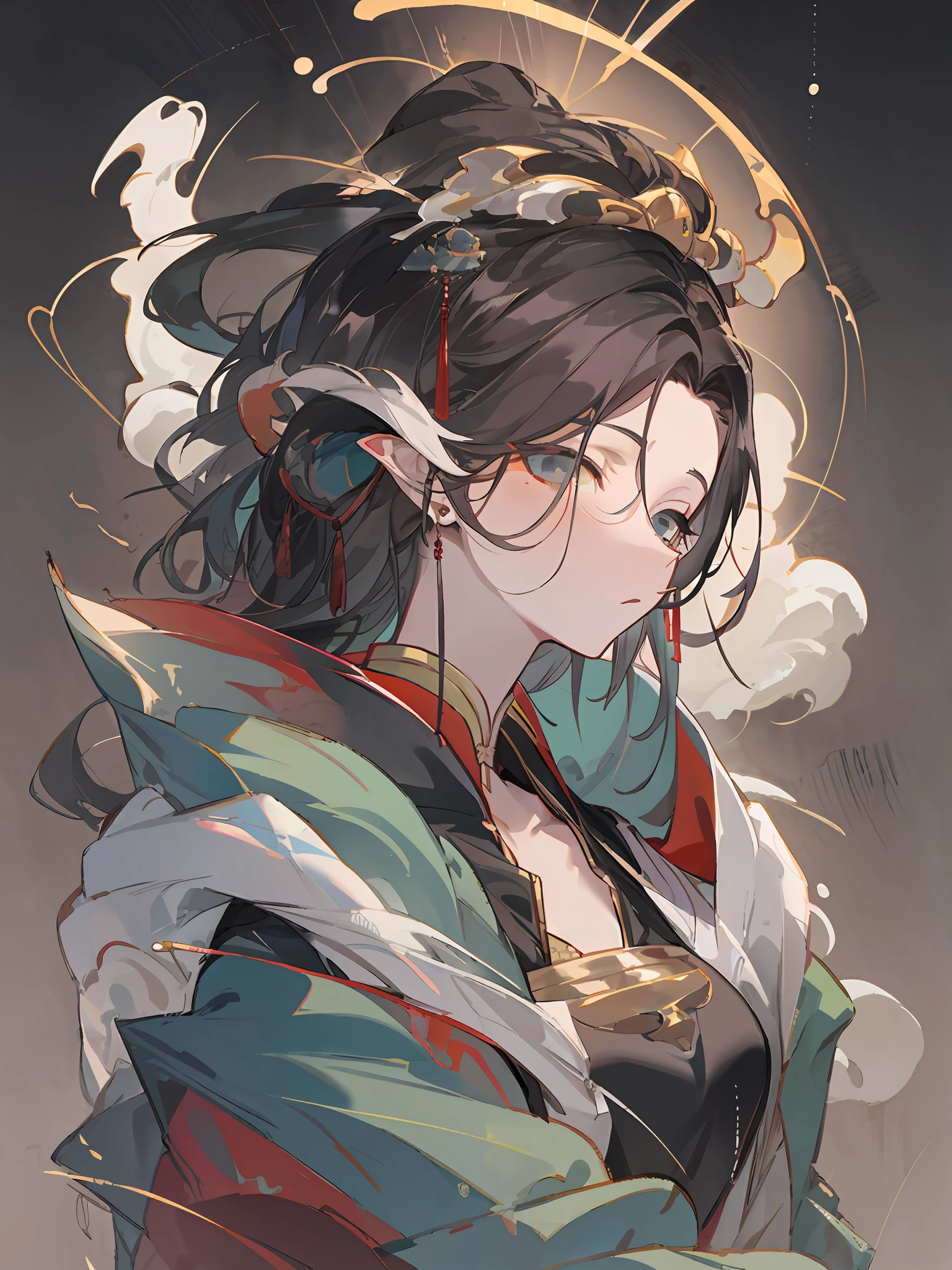 Chinese door-god,a painting of an assassin and one of the enemies, in the style of russ mills, sui dynasty, mythical Chinese dragon, gold and dark gray , hiroshi yoshida, poster art, contrast of scale, --v6