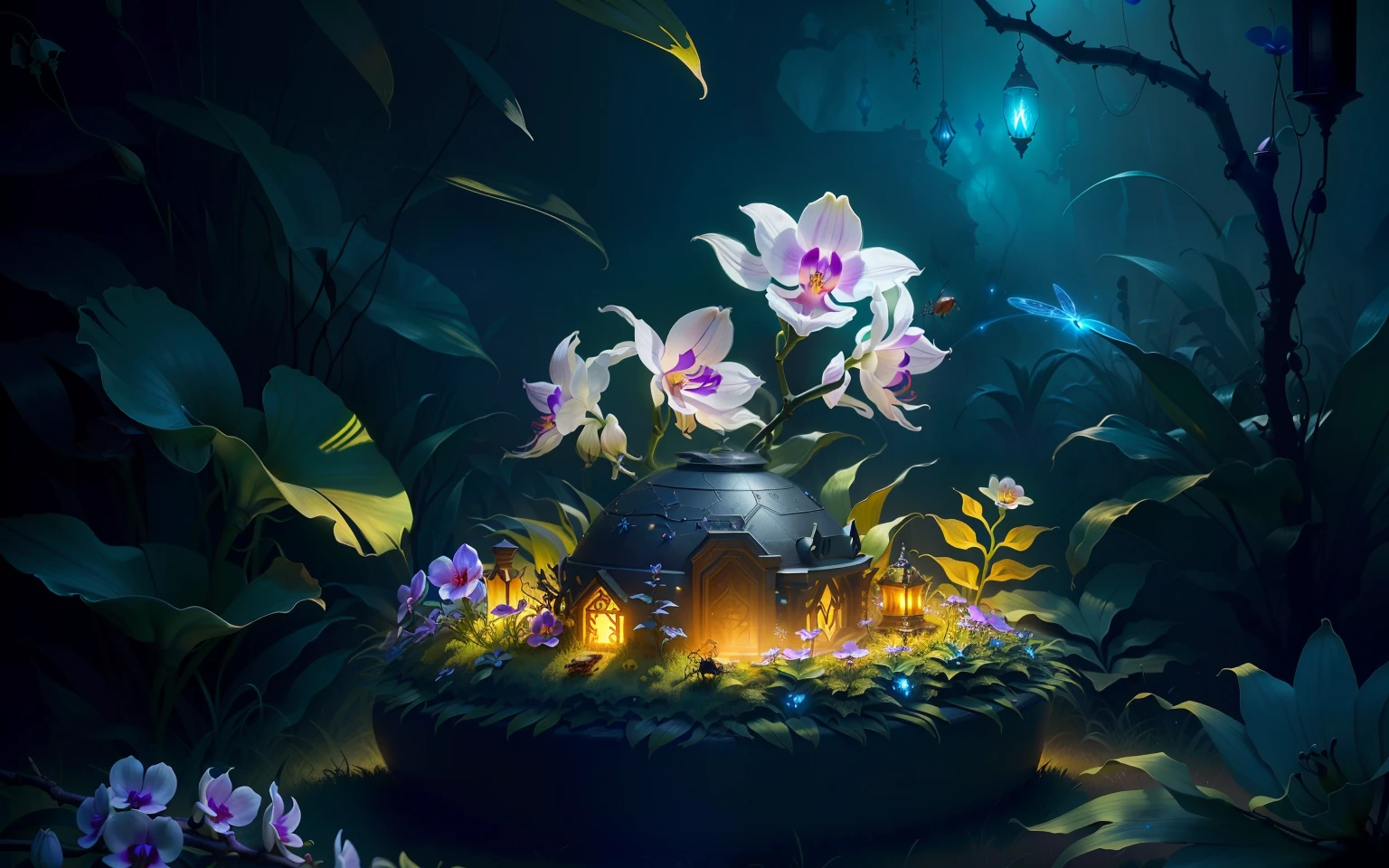 an exorcist style ant hill with beautiful orchids around and fireflies, it is surrounded by strange power,there are also some treasures around, with some magical visual effects, fantasy, ambiance hd, HDR, 4k upscalen v--4.