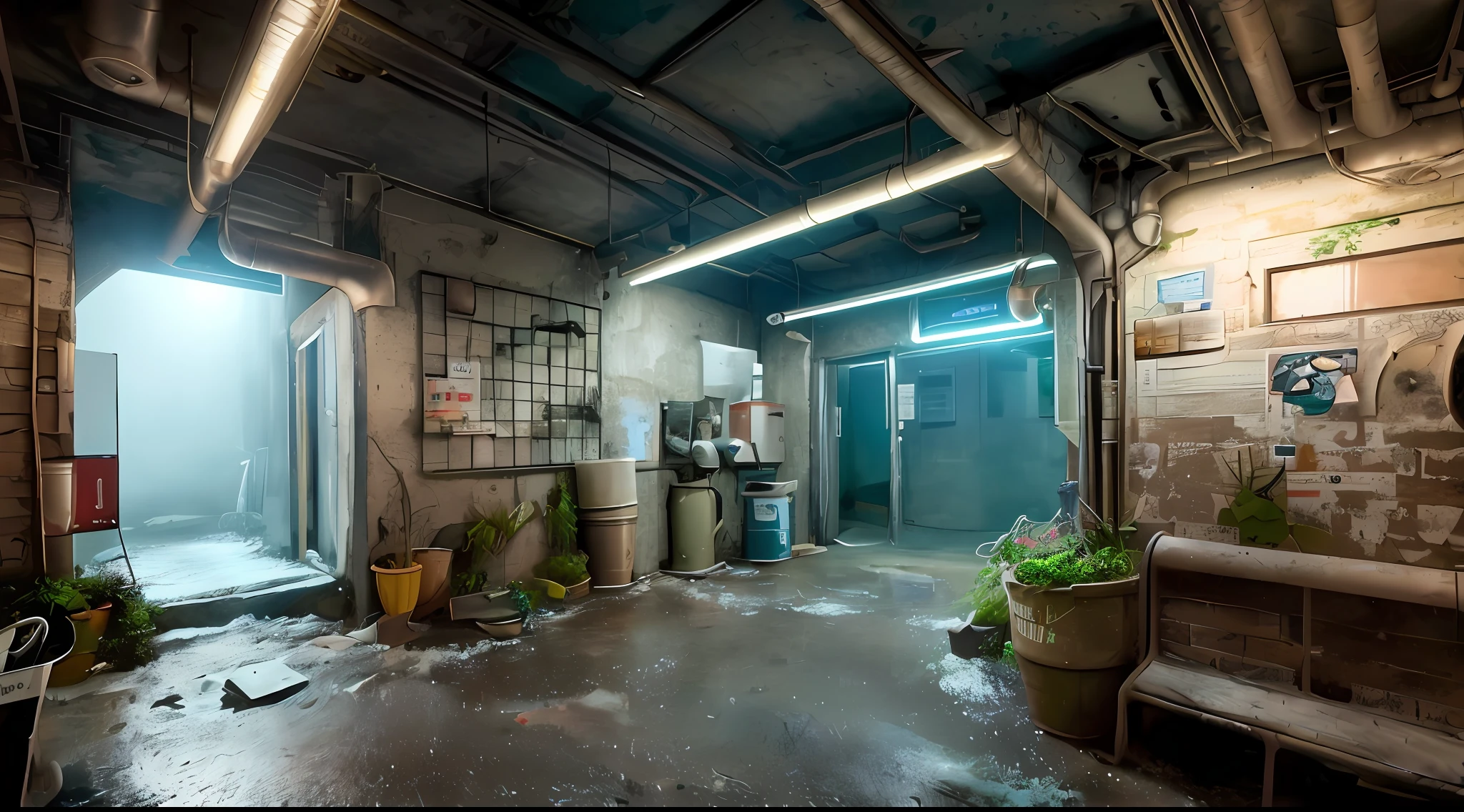 hyperrealistic and very detailed illustration of the entrance of a patio, point of view from the outside, image very loaded with objects, point of view from below, dirty cement stairs with cracks, green wastebasket, metal signs, seats, cables, pole, pastel blue telephone booth, rusty guardrails, pipes, pipes in the walls, electric meter, gray and dark walls, empty boxes, old papers on the floor, damaged wall paint, some garbage on the floor, metal and rusty scrap, machine parts (rusty, brown), very detailed advertisements on the neon wall, spotlight lights (very radiant blue light), artificial and sterile environment, very dark night, fog and somewhat dense smoke, very dark landscape shadows, red and green neon lights, night, some snow all over the landscape, humidity, puddles of water reflecting the dim ambient light