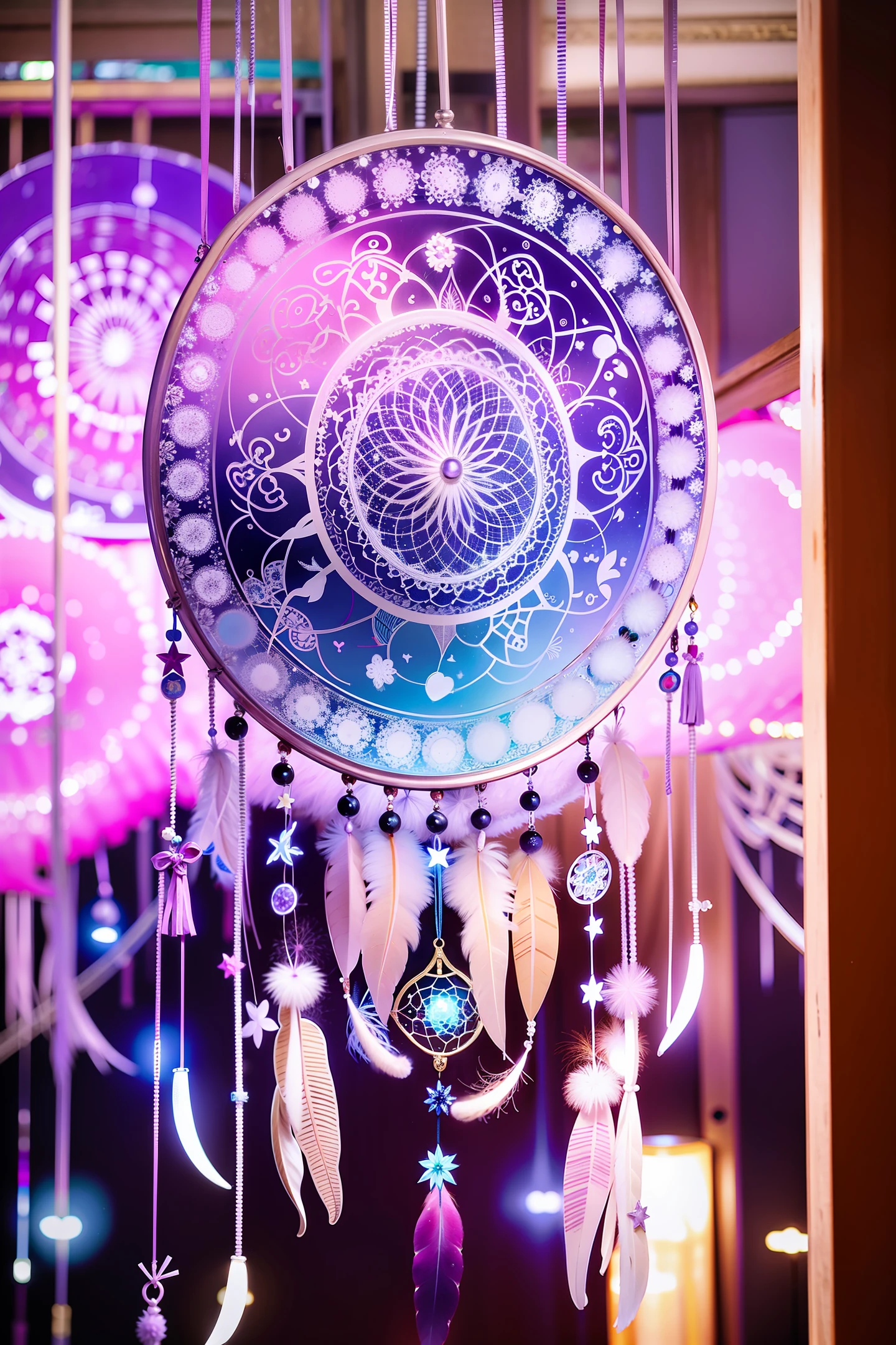 white dream catcher with a star on it, dreamcatcher, dreamcatchers, feathers, galactic dreamcatchers, white color, white hue, purple hues, purple and blue, wind chimes, feather earing, purple and pink, made of feathers, purple and blue colored, purples, blue and purple, beautiful feathers, shades of white, full dream catcher in the wall of room, dream catchers full on room wall
