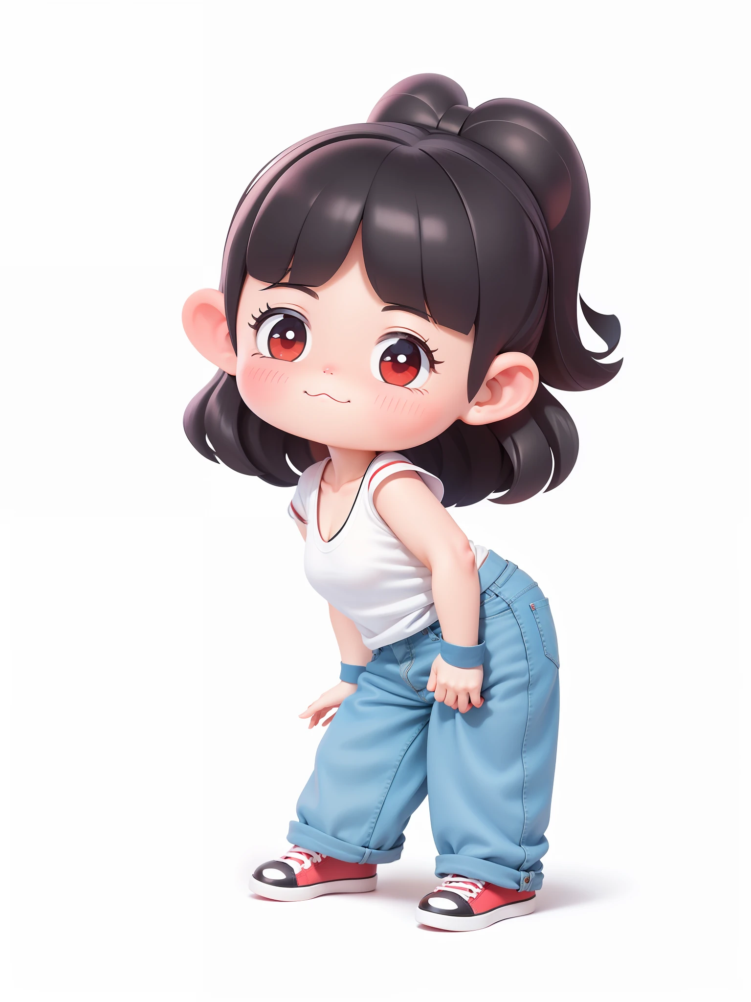 Cartoon girl standing in jeans and white shirt, black hair, face with red halo, cute cartoon style, cute cartoon character, chibi girl, cute cartoon, cute art style, character is her natural pose, cartoon cute, cartoon art style, cartoon style illustration, chibi style, cute illustration, full body portrait short! , simple cartoon style, cartoon art style, in cartoon style