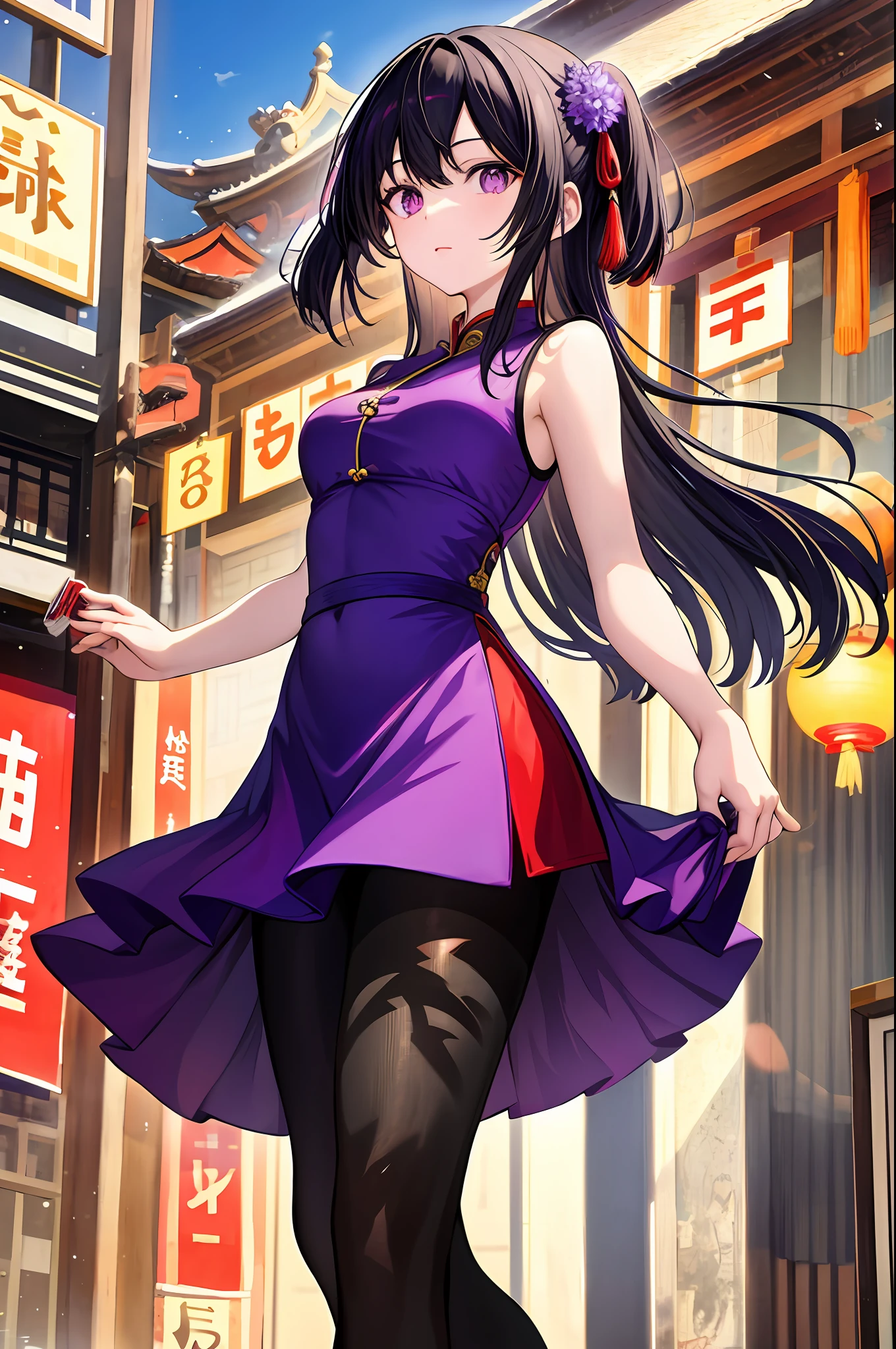 Nino Nakano The Quintessential, black hair, purple eyes, random Chinese dress, random pantyhose,