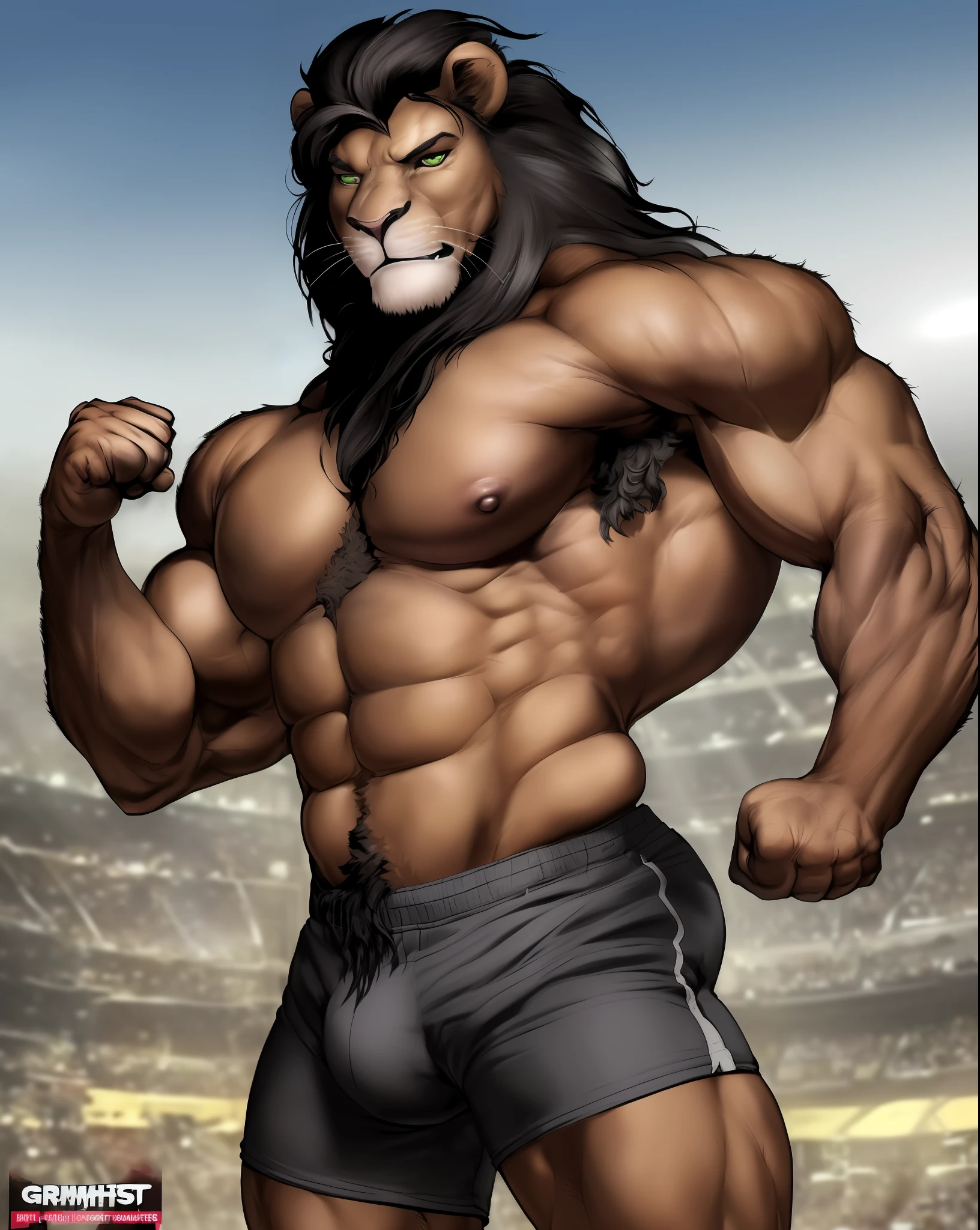 anthro (lion), feline, adult, solo, very muscular, thick neck, ((sturdy shorts)), flexing, ((posing)), epic, ((biceps flexing)), topless, tail, (brown fur, black mane, detailed fur:1.3), (ragged fur:1.1), bodybuilder, fighter, contest, scene, veiny muscles, detailed background, venue background, photorealistic, hyperrealistic, ultradetailed, (masterpiece:1.2), bulge, correct fists, uncensored, (((by grimfaust))), genital outline, dark snout, green eyes