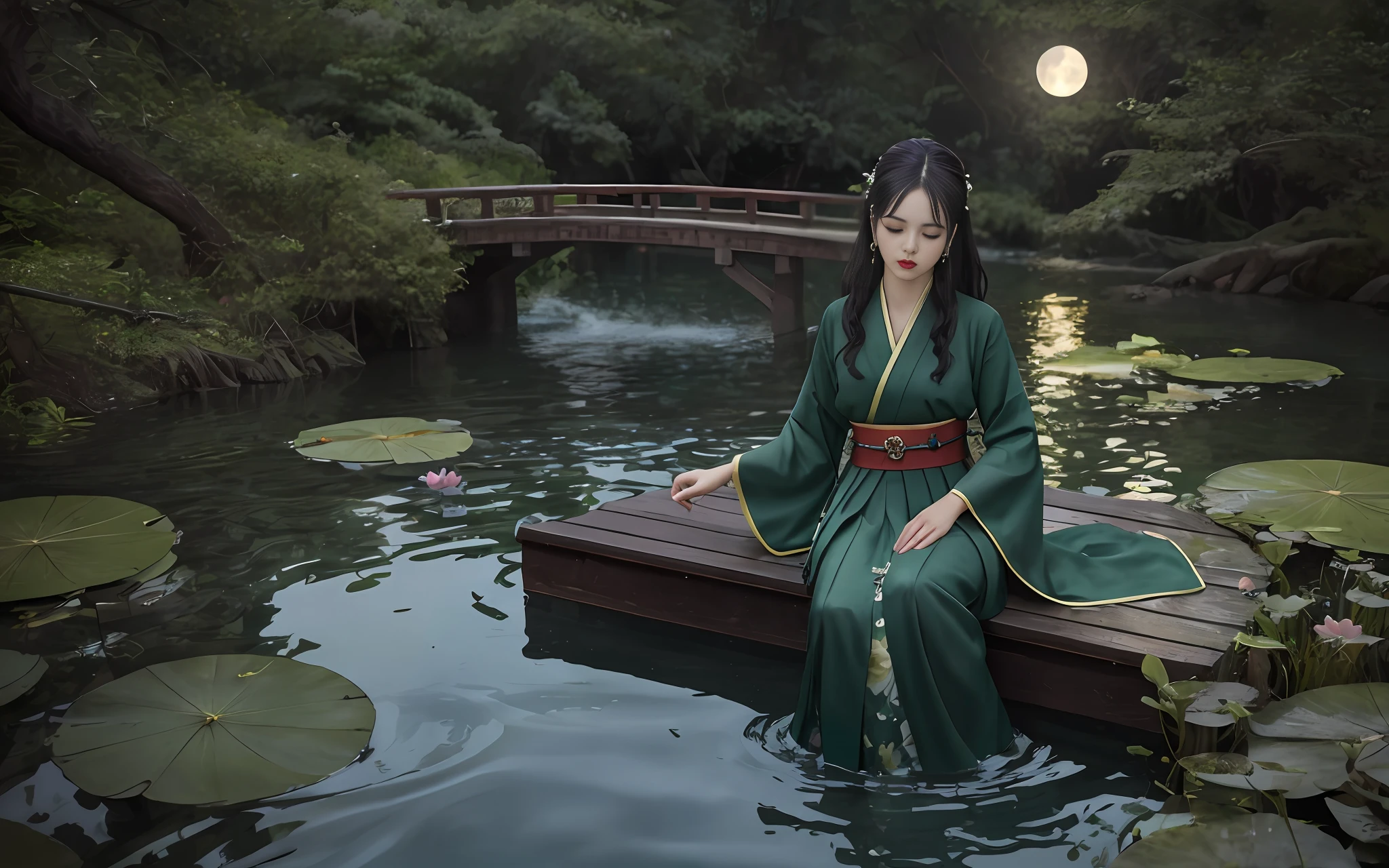 Dark green Hanfu, a woman, cool, fair skin, sea of flowers, pond, petals floating on the water, lily, clavicle, eyes closed, half submerged in water, dark background, moonlight, hairpin, jade pendant, Hanfu, delicate face, hair accessories, red lips, skirt, belt, jewelry, long hair, earrings, , hair strands, perfect body proportions, wet, slender legs, bridge