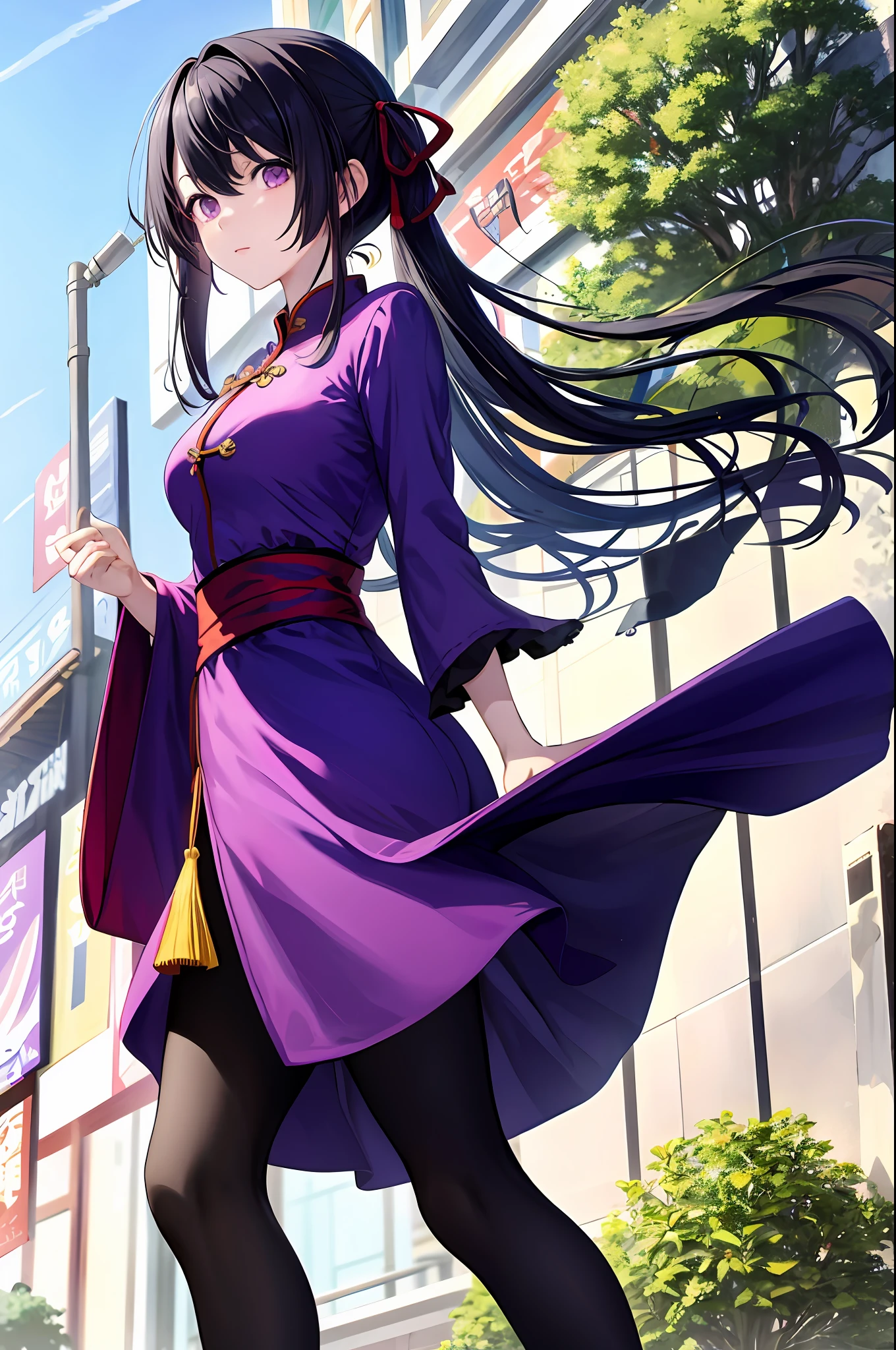 Nino Nakano The Quintessential, black hair, purple eyes, random Chinese dress, random pantyhose,