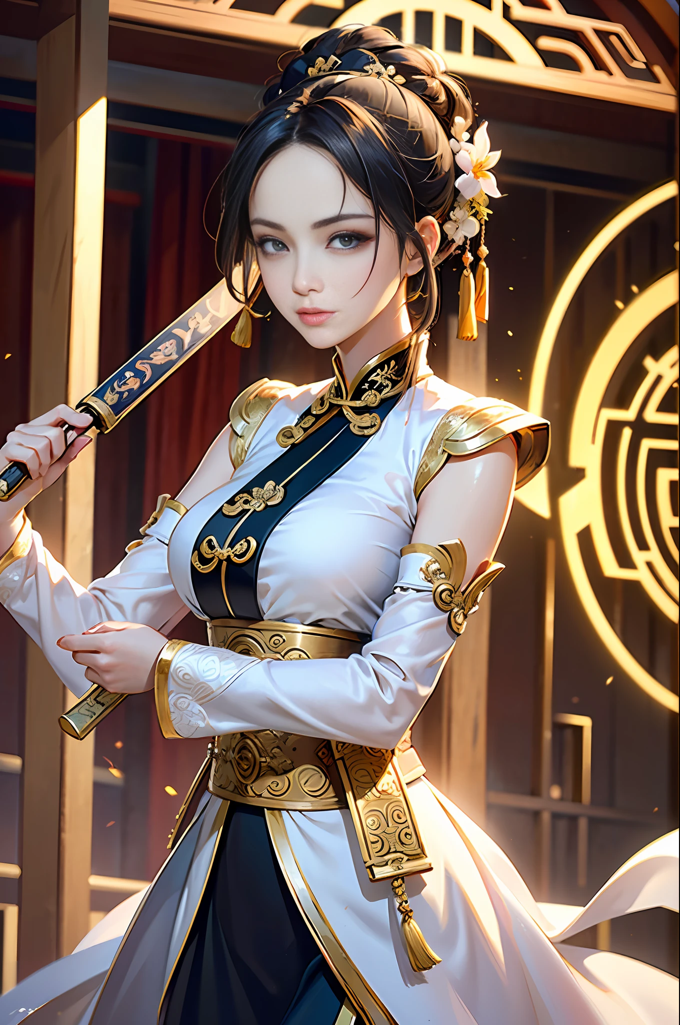 Best Quality, Masterpiece, Ultra High Resolution, (Realistic: 1.4), Xiuxian, Weapon, Detail Face,
1 girl, golden and white clothes, bare arms, solo, (magic circle: 1.2), Xiuxian, upper body, beautiful girl, half-body, Chinese architecture, sheath, construction,