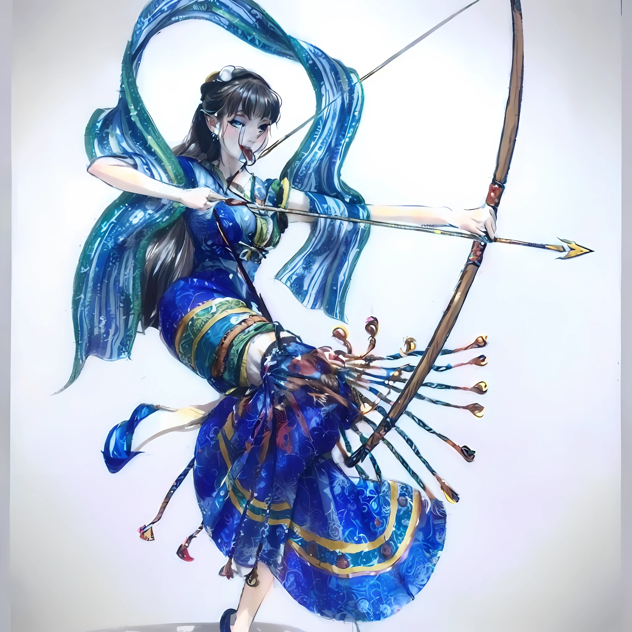 drawing of a tatoo faced woman with a bow and a bow in her hand, traditional art, with bow and arrow, fanart, princess 'kida' agakash, inspired by Warwick Goble, one of the weavers of destiny, apsaras warrior, also known as artemis or selene, maya ali as a wind sorcerer