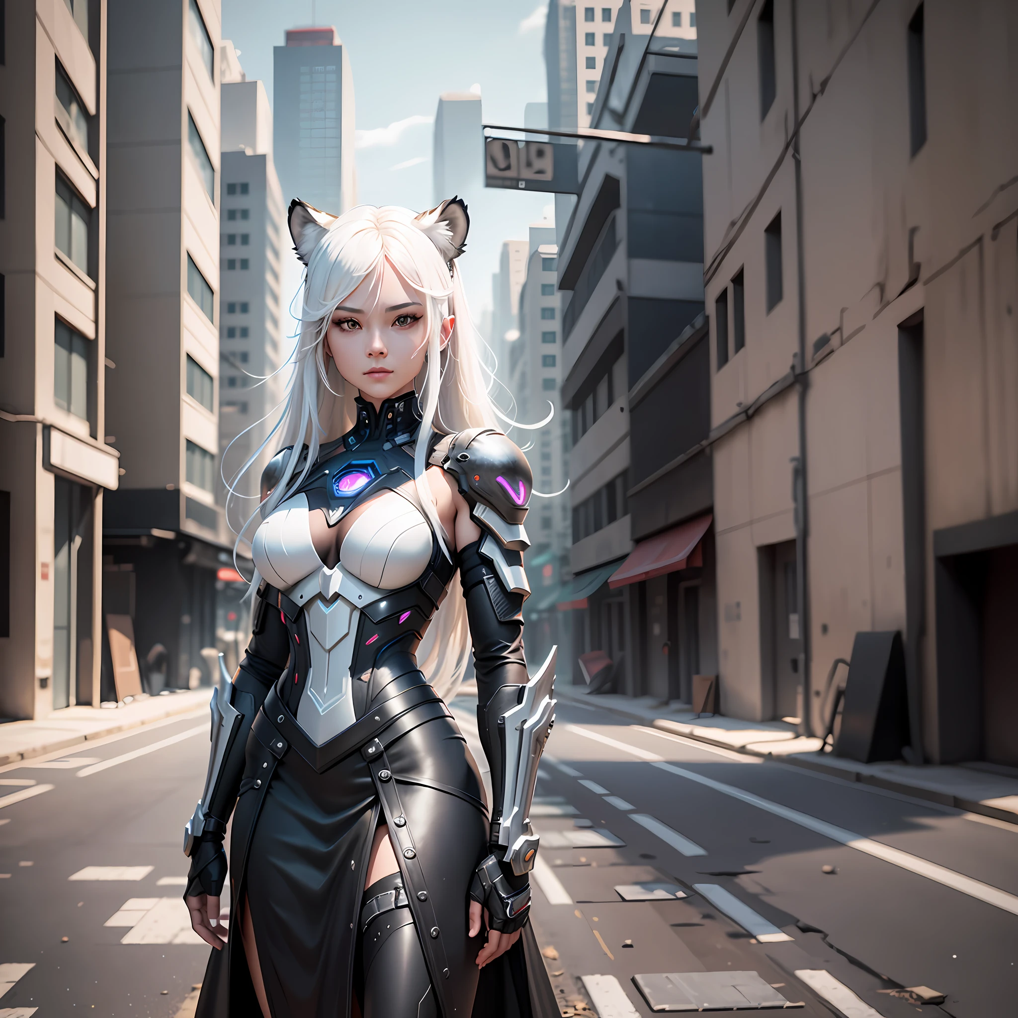 Masterpiece, Best Picture Quality, Detailed Depiction, Female Characters, Long White Hair, Tiger Head Elements: 1.1, Black and White Sum 2:1, Metal Exoskeleton (1.3), Ceramic Body Cuirass: 1.5, Breathing Light Pattern, (Midi Length Skirt: 1.1), Perfect Lines: 1.3, Black and White Cyberpunk Style Armor, Industrial City Background/Dilapidated Building, Dynamic Posture, Positive and Decisive Expressions, Realism, Surrealism: 2, Ray Tracing, Depth of Field, cinematic lighting, image fill, character chart, vanishing point, perspective, wide shot, UHD, retina, masterpiece, ccurate, high quality, highres, award winning, best quality, 1080P, HD, 4K , 8k, 16k
