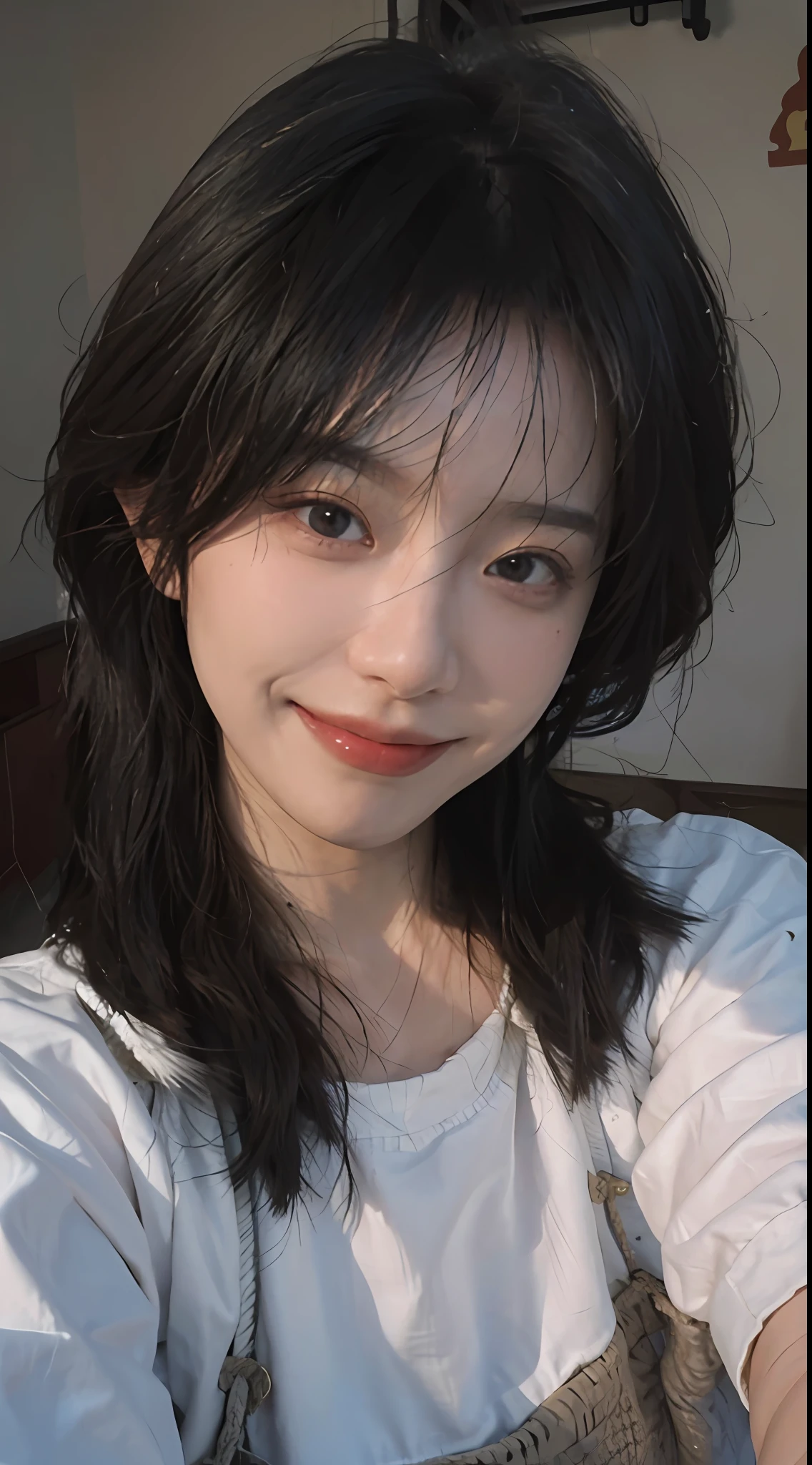 8K, Best Quality, Masterpiece, Ultra High Resolution, (Realism: 1.4), Original Photo, (Realistic Skin Texture: 1.3), (Film Grain: 1.3), (Selfie Angle), 1 Girl, Beautiful Eyes and Face Details, Masterpiece, Best Quality, Close-up, Upper Body, Looking at the Viewer, (Smile: 1.5)