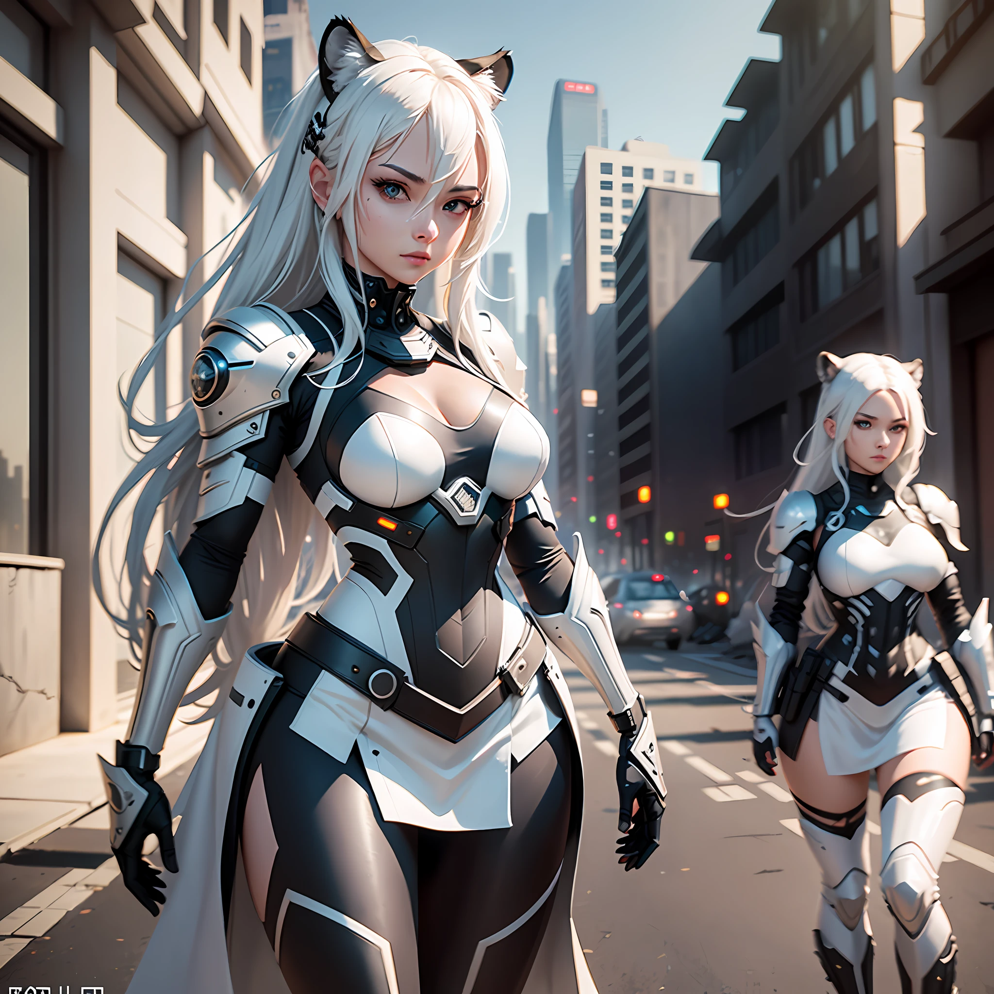 Masterpiece, Best Picture Quality, Detailed Depiction, Female Characters, Long White Hair, Tiger Head Elements: 1.1, Black and White Sum 2:1, Metal Exoskeleton (1.3), Ceramic Body Cuirass: 1.5, Breathing Light Pattern, (Midi Length Skirt: 1.1), Perfect Lines: 1.3, Black and White Cyberpunk Style Armor, Industrial City Background/Dilapidated Building, Dynamic Posture, Positive and Decisive Expressions, Realism, Surrealism: 2, Ray Tracing, Depth of Field, cinematic lighting, image fill, character chart, vanishing point, perspective, wide shot, UHD, retina, masterpiece, ccurate, high quality, highres, award winning, best quality, 1080P, HD, 4K , 8k, 16k