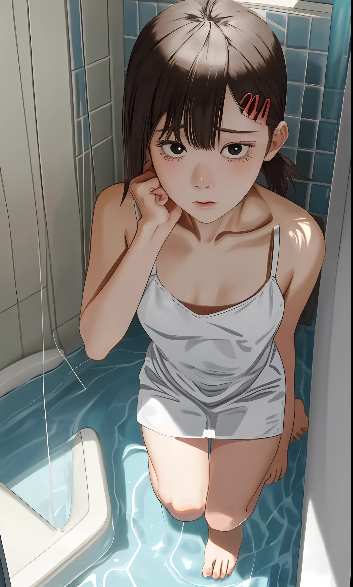1 sexy girl, top to bottom perspective, with a towel around her body, bath, beautiful face, cute eyes, beautiful hands, full body, cute feet, masterpiece, 4k, shy face, shy, small tits,naked