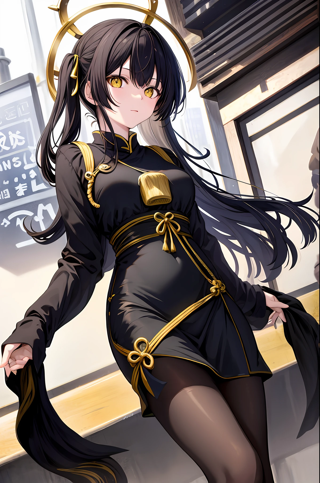 Nino Nakano The Quintessential, black hair, yellow gold eyes, dark black Chinese dress, random pantyhose,