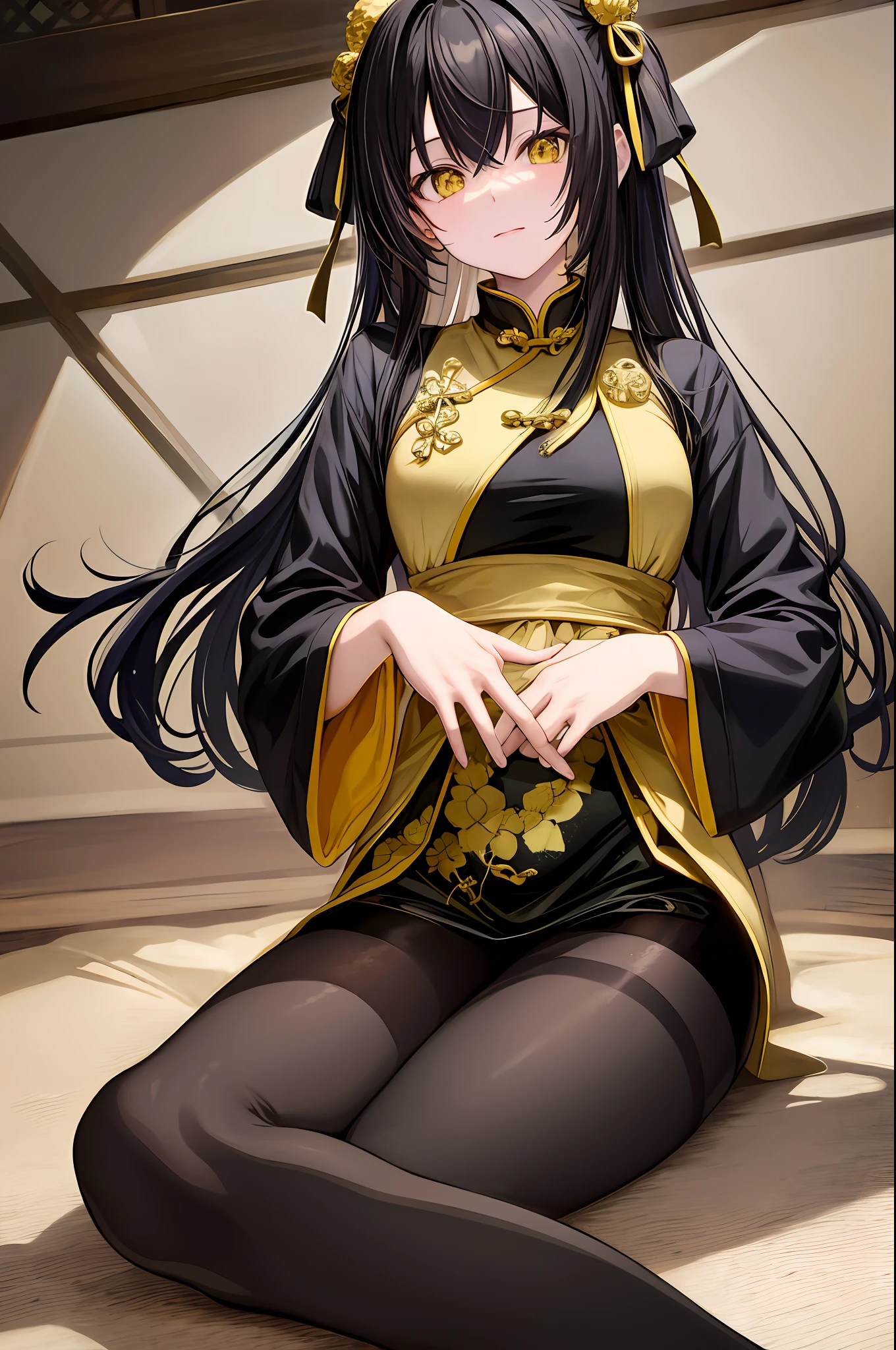 Nino Nakano The Quintessential, black hair, yellow gold eyes, dark black Chinese dress, random pantyhose,